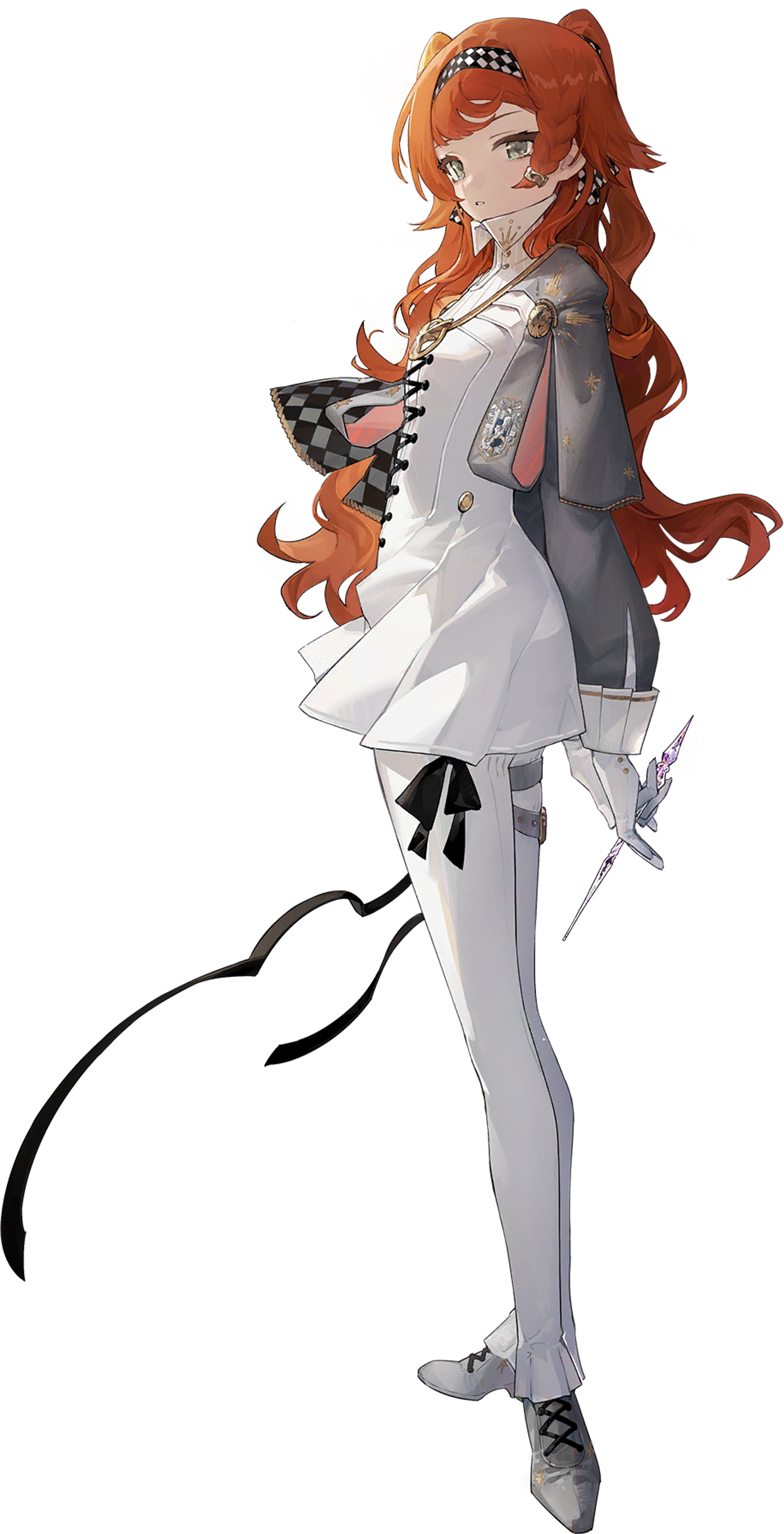 A young woman with red hair in pigtails wearing a lab coat and holding a beaker