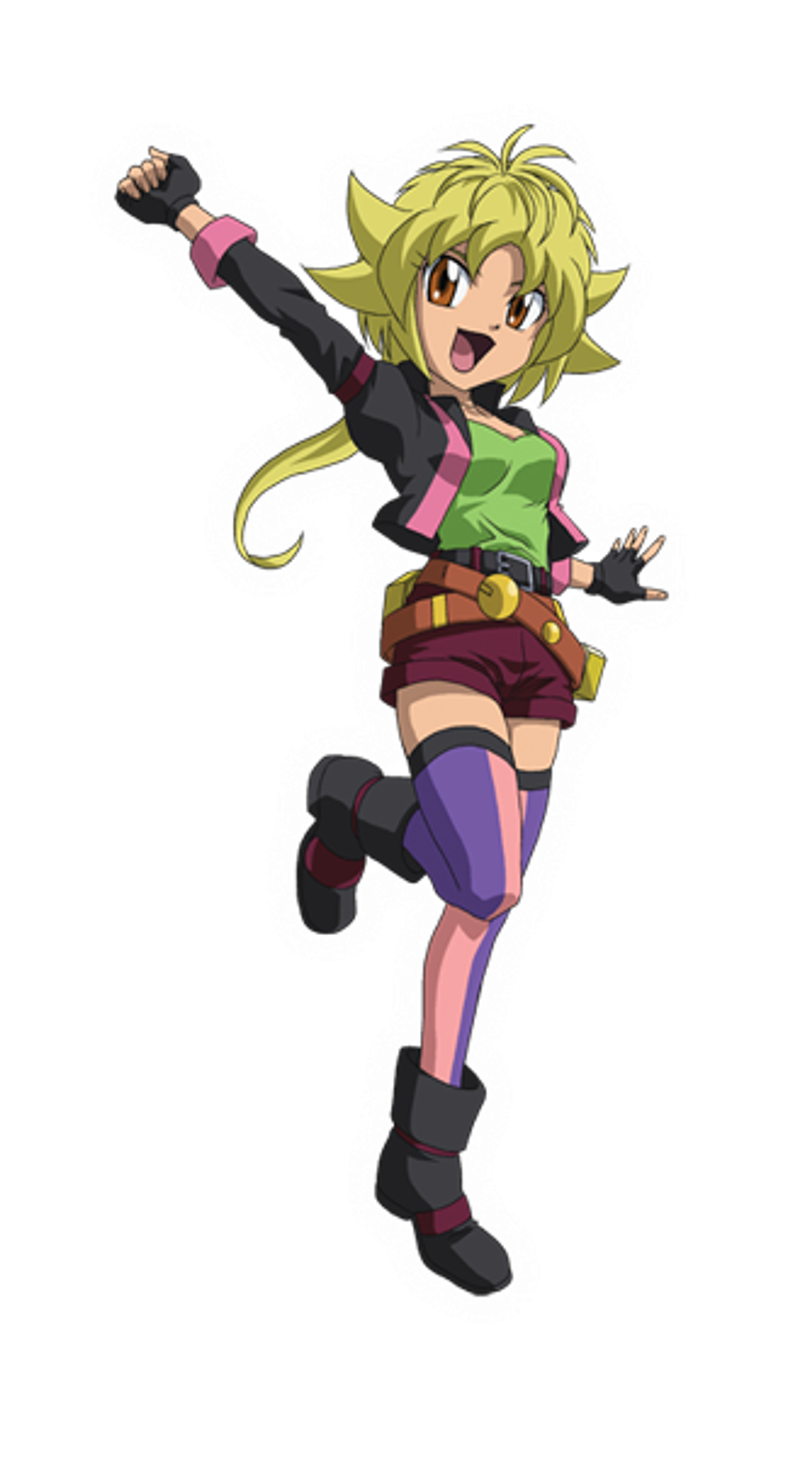 An anime-style character with spiky blonde hair, wearing a leather jacket, shorts, and thigh-high socks, in a confident and spirited pose.
