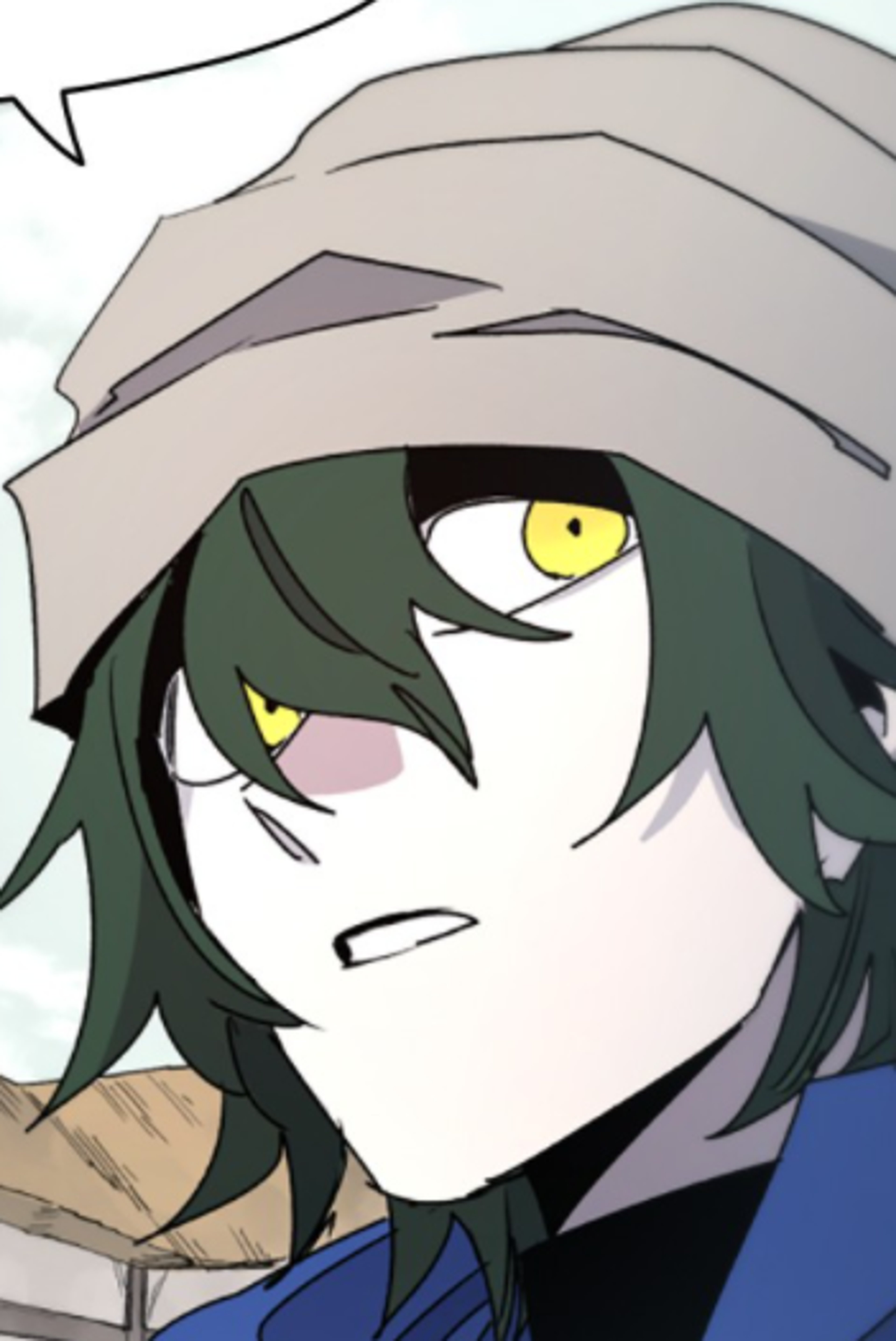 A character with green hair, yellow eyes, and a serious expression wearing a military-style uniform.