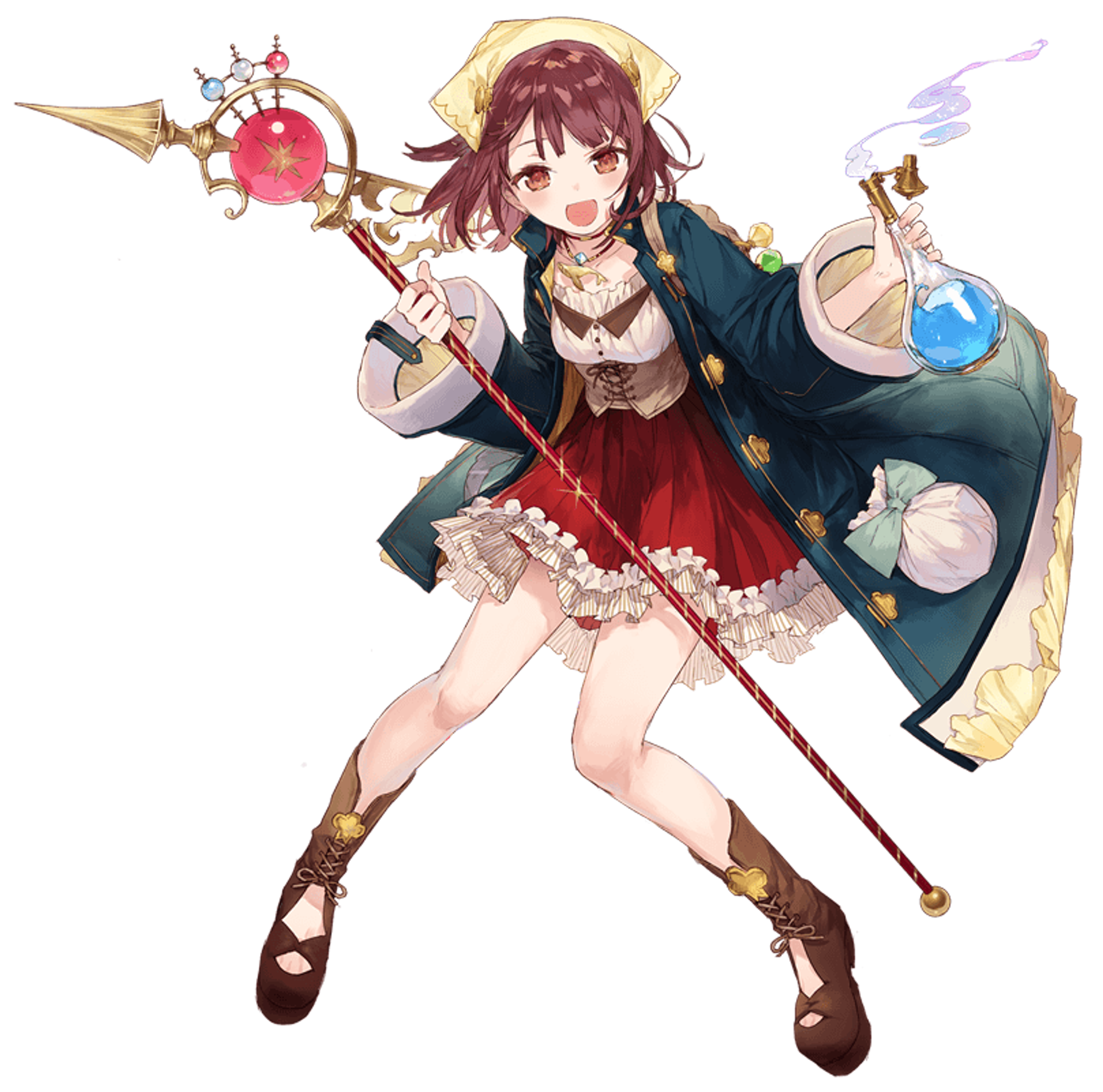 A young female alchemist or mage holding alchemical tools and equipment