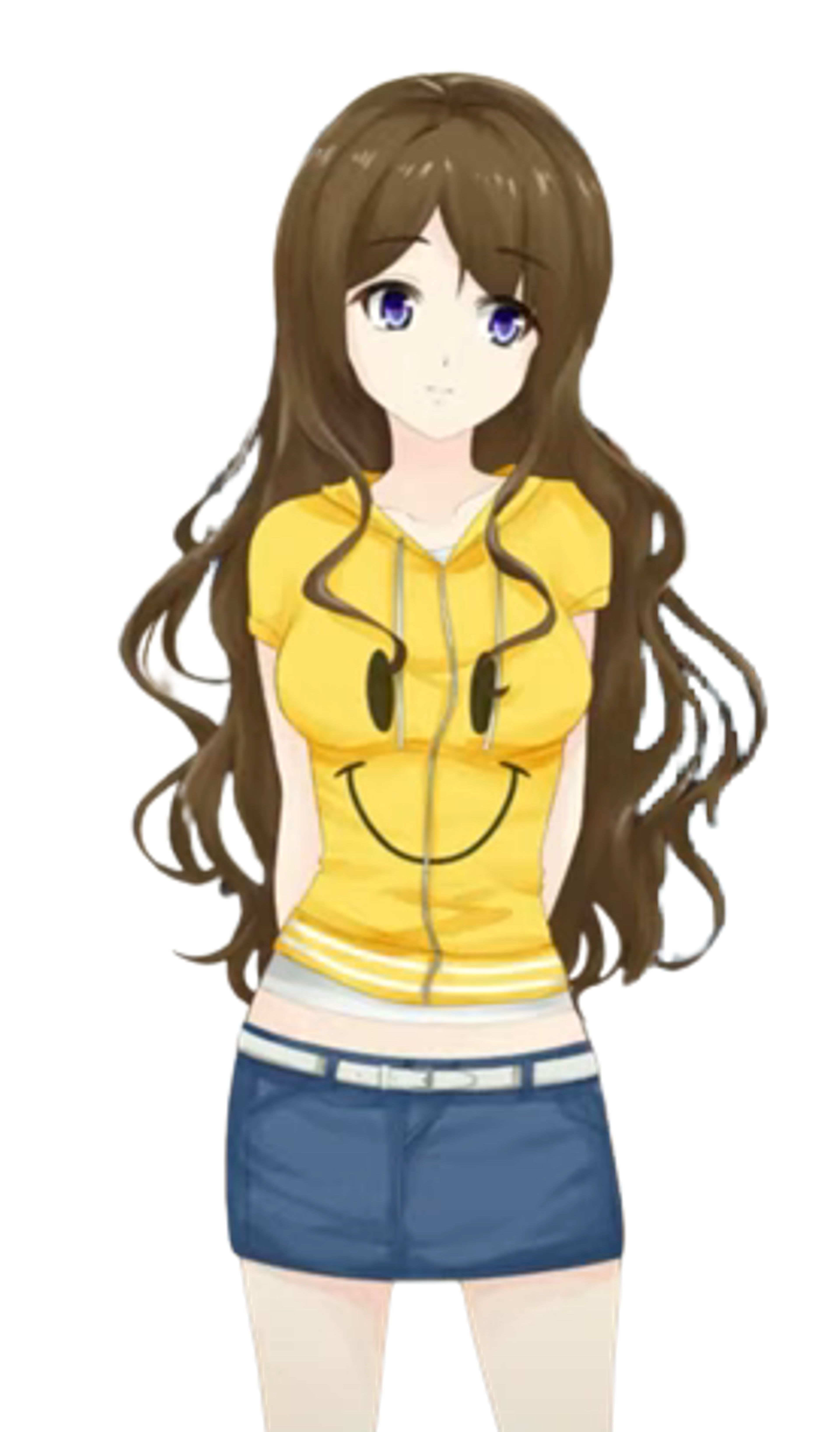 An anime-style character with long brown hair and blue eyes wearing a yellow jacket