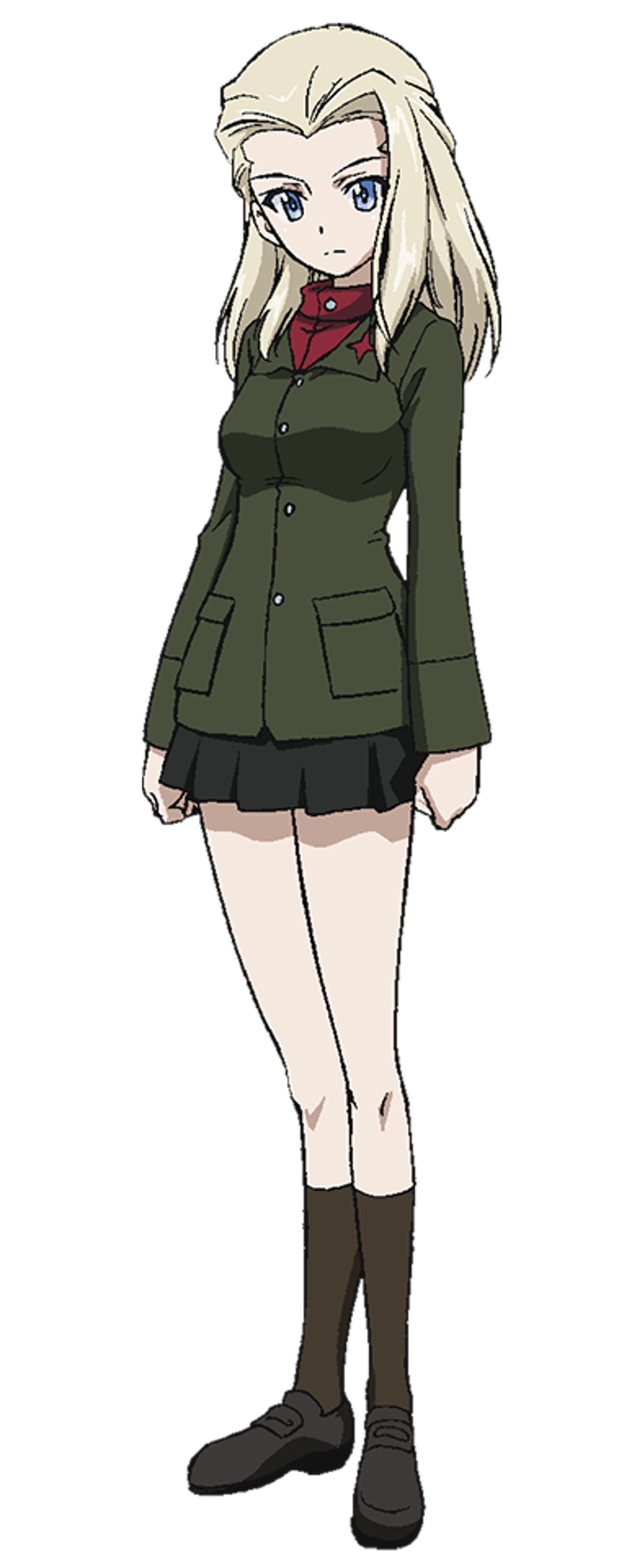 A young woman with long blond hair and blue eyes wearing a green military-style jacket and skirt