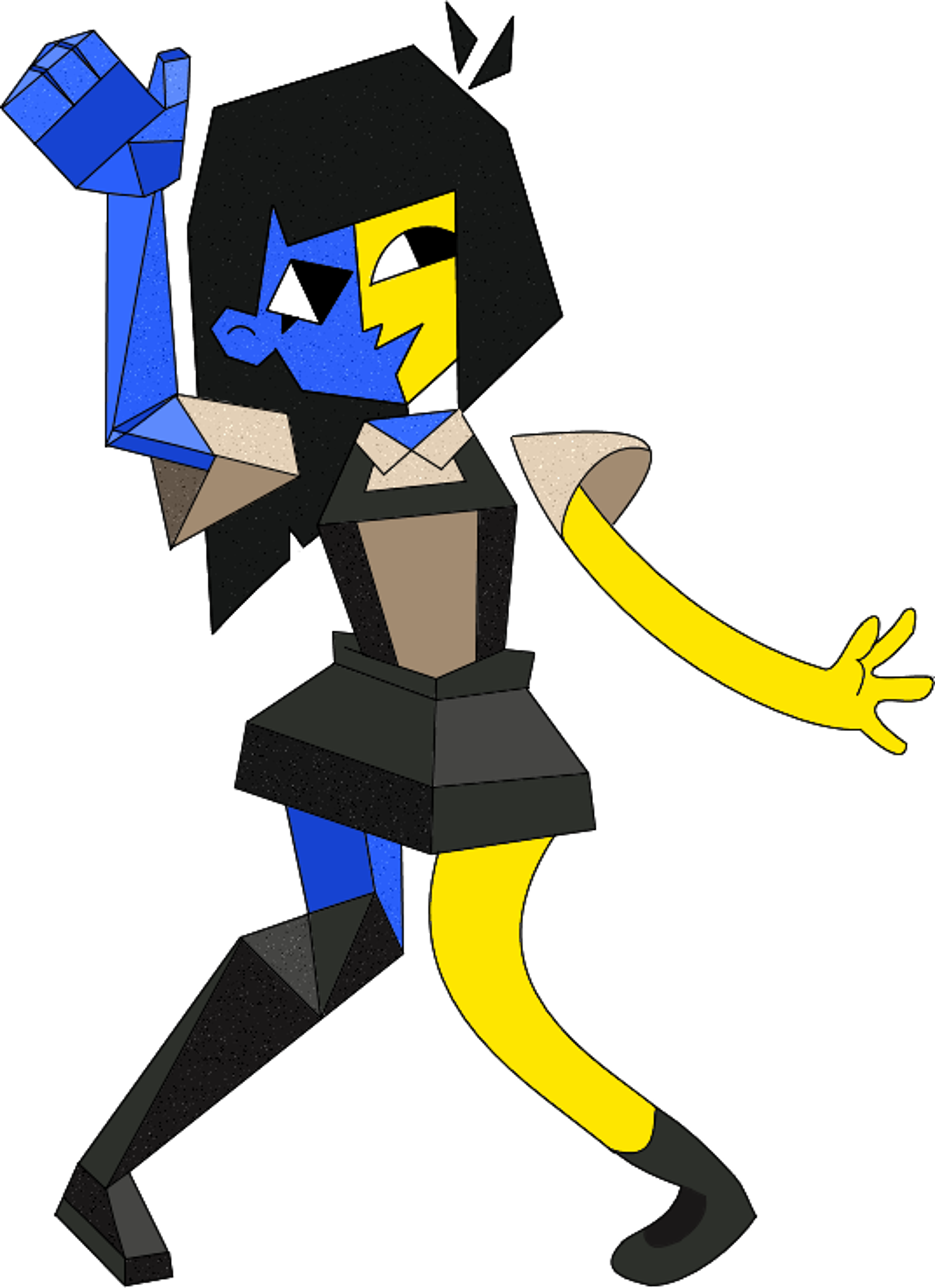 A dual-colored humanoid character with a striking, expressive appearance