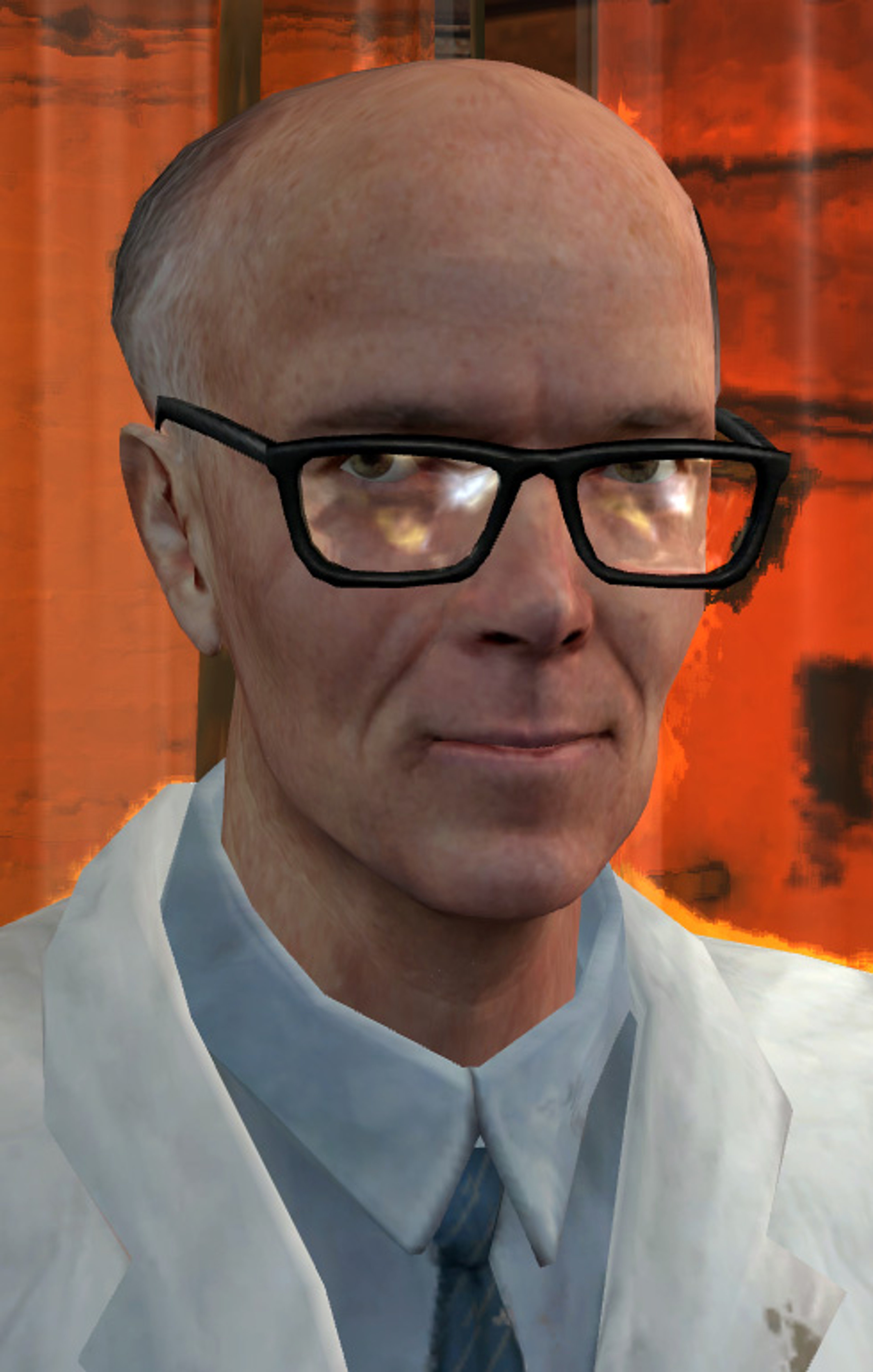 An elderly, bald man in a white lab coat and glasses