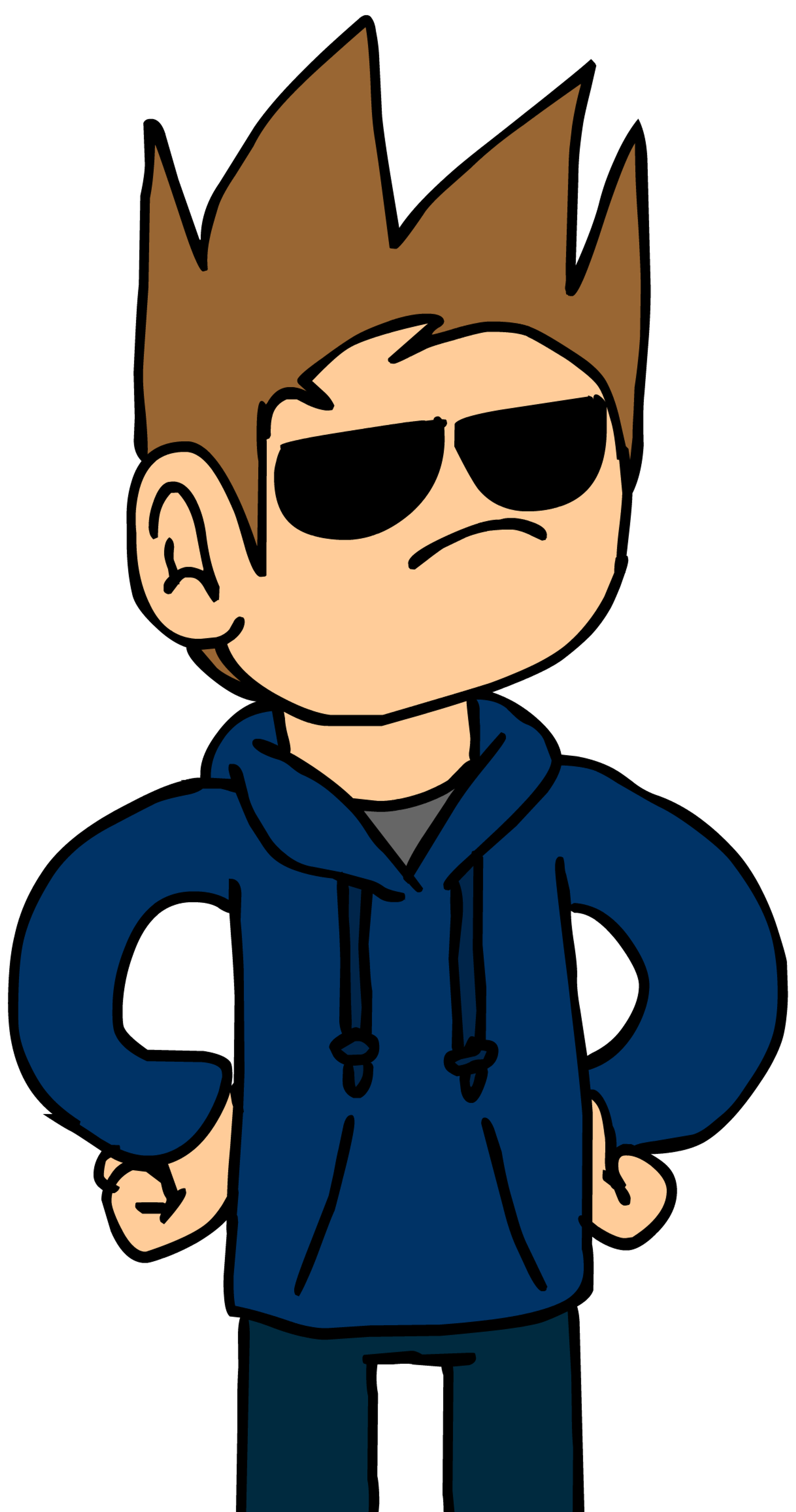 A cartoon character with spiky brown hair wearing a blue hoodie and sunglasses