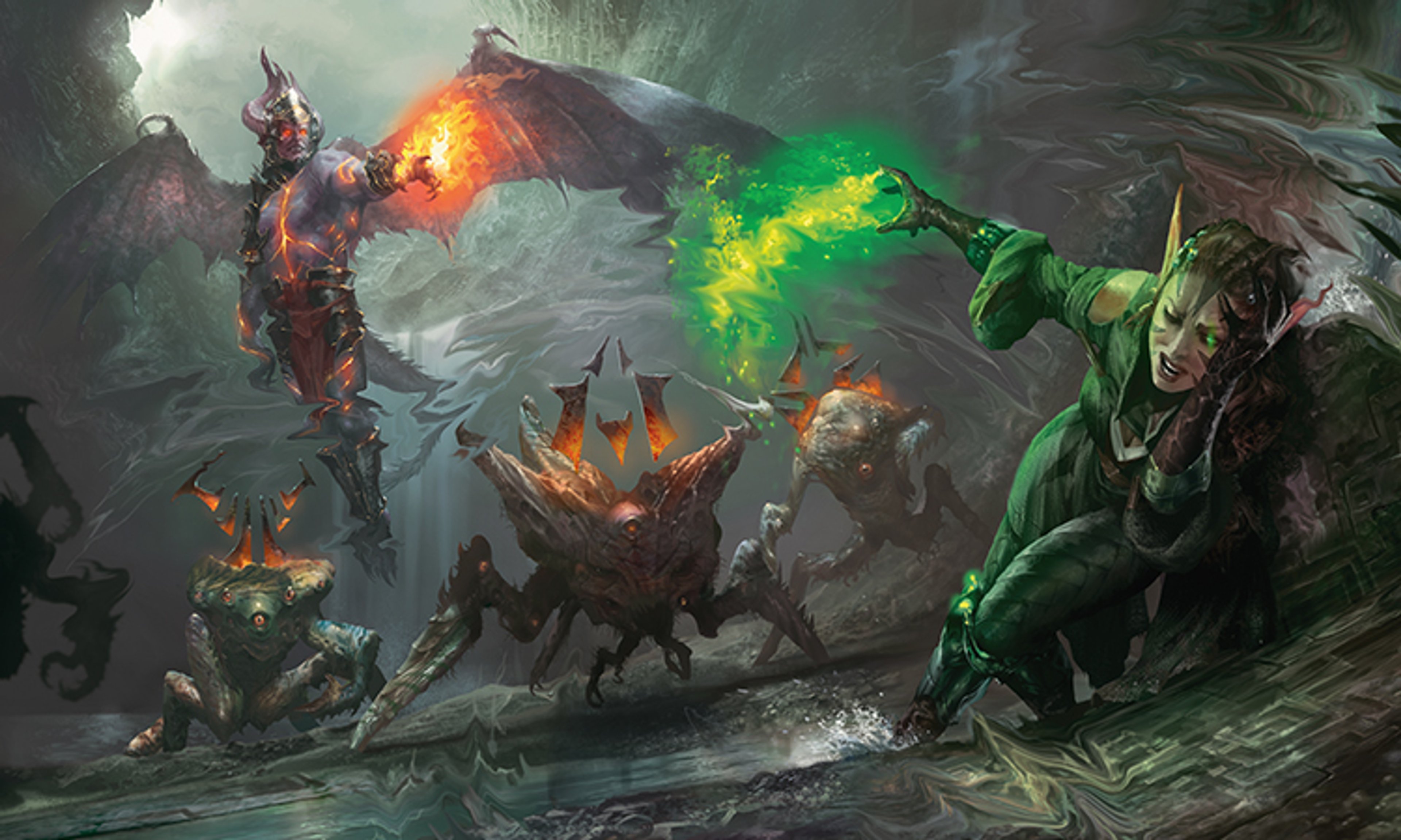 A fantasy scene with a powerful elf-like character and monstrous creatures engaged in battle.