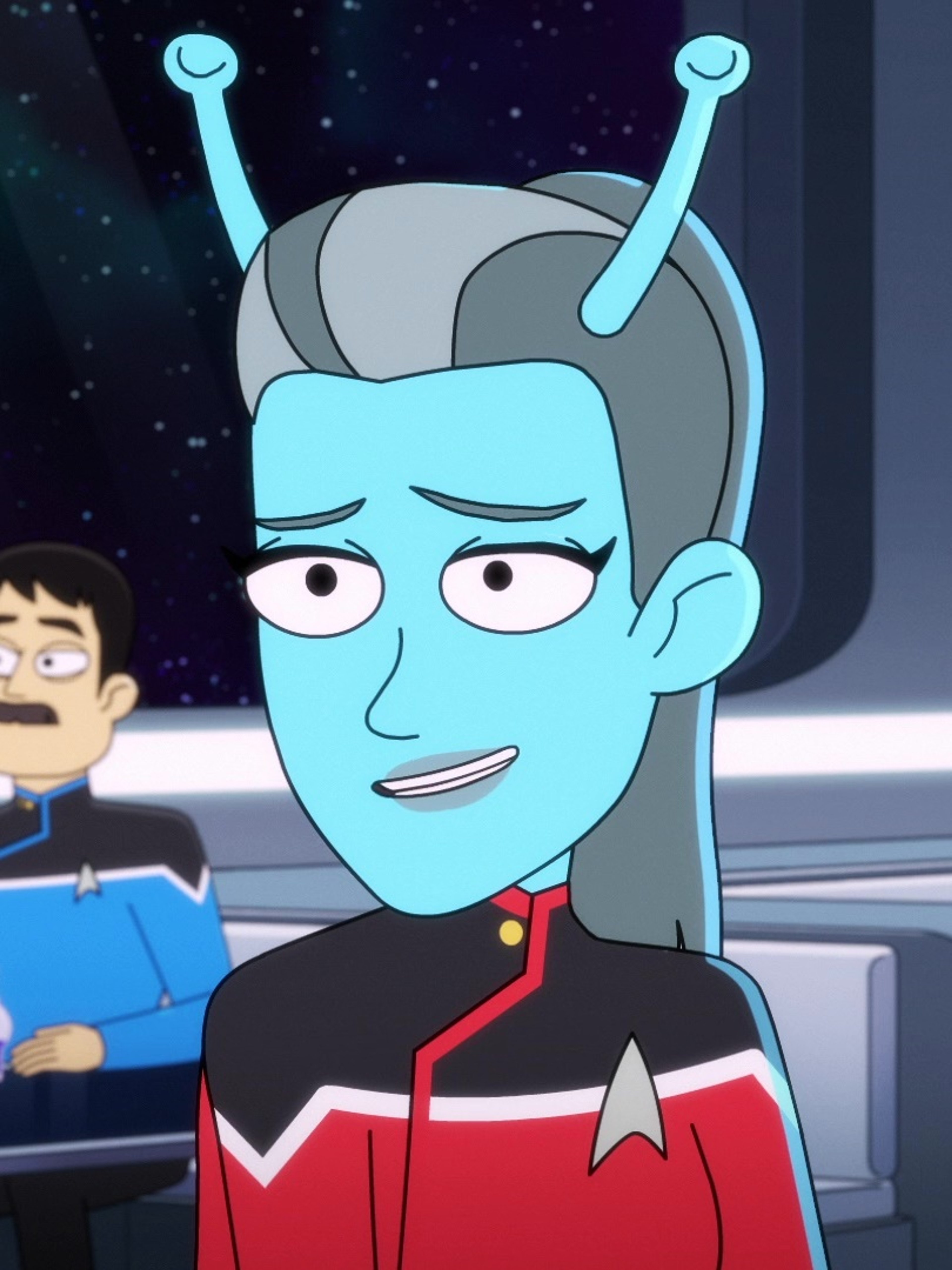 An Andorian Starfleet officer in a command division uniform
