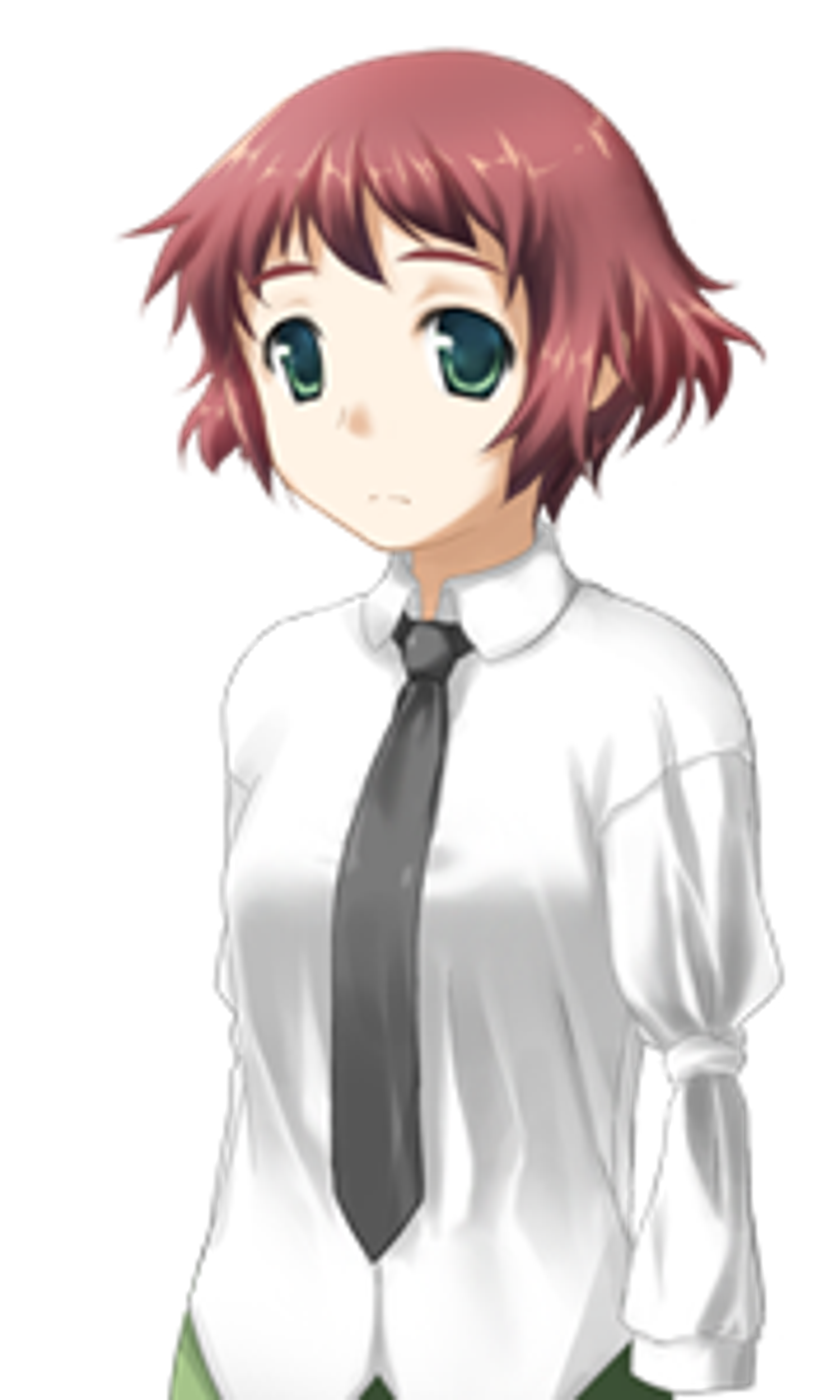 An anime-style character with short, reddish-pink hair and green eyes wearing a white dress shirt and black tie.