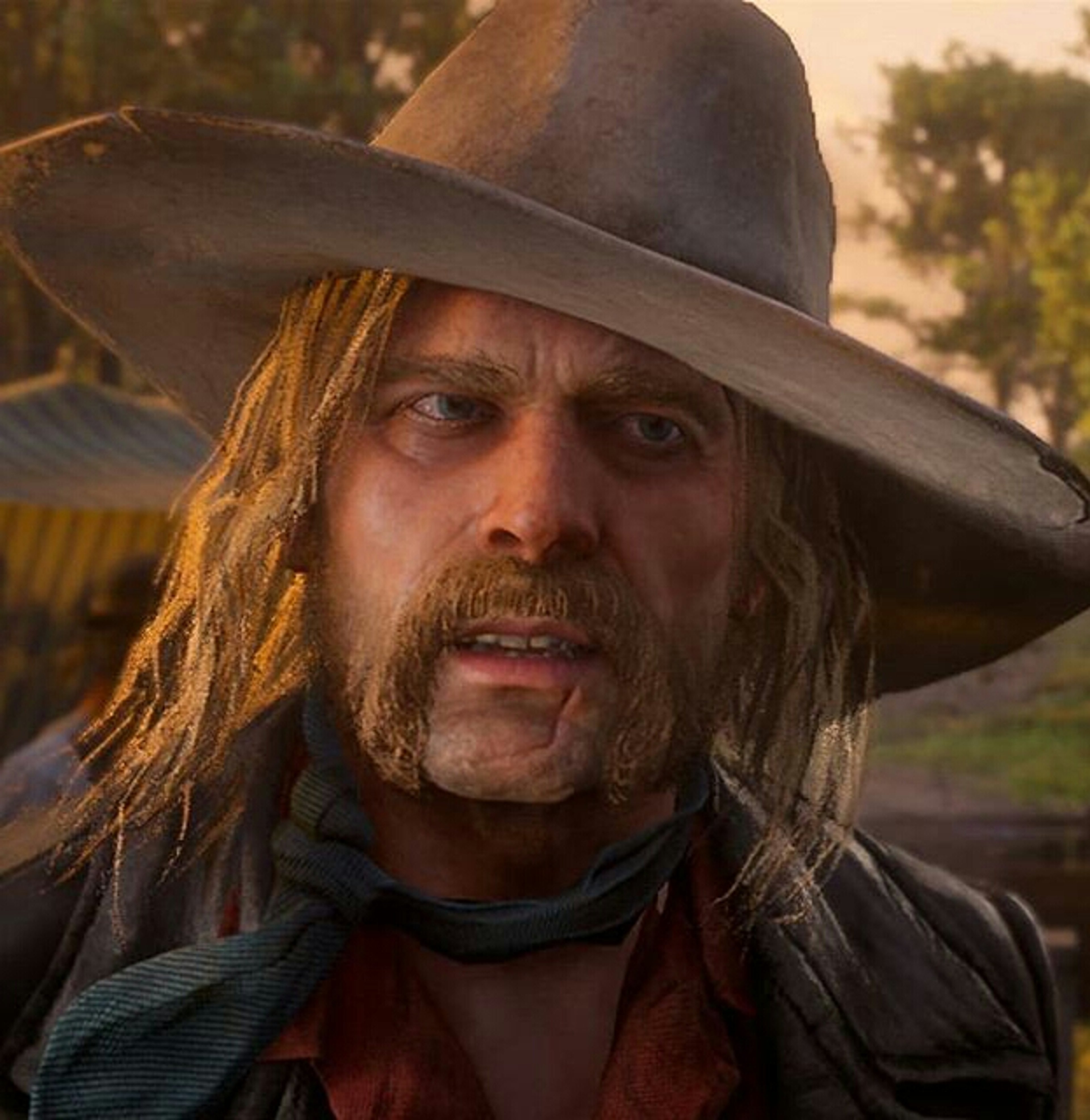 A man with long hair and a beard wearing a wide-brimmed hat in an outdoor setting