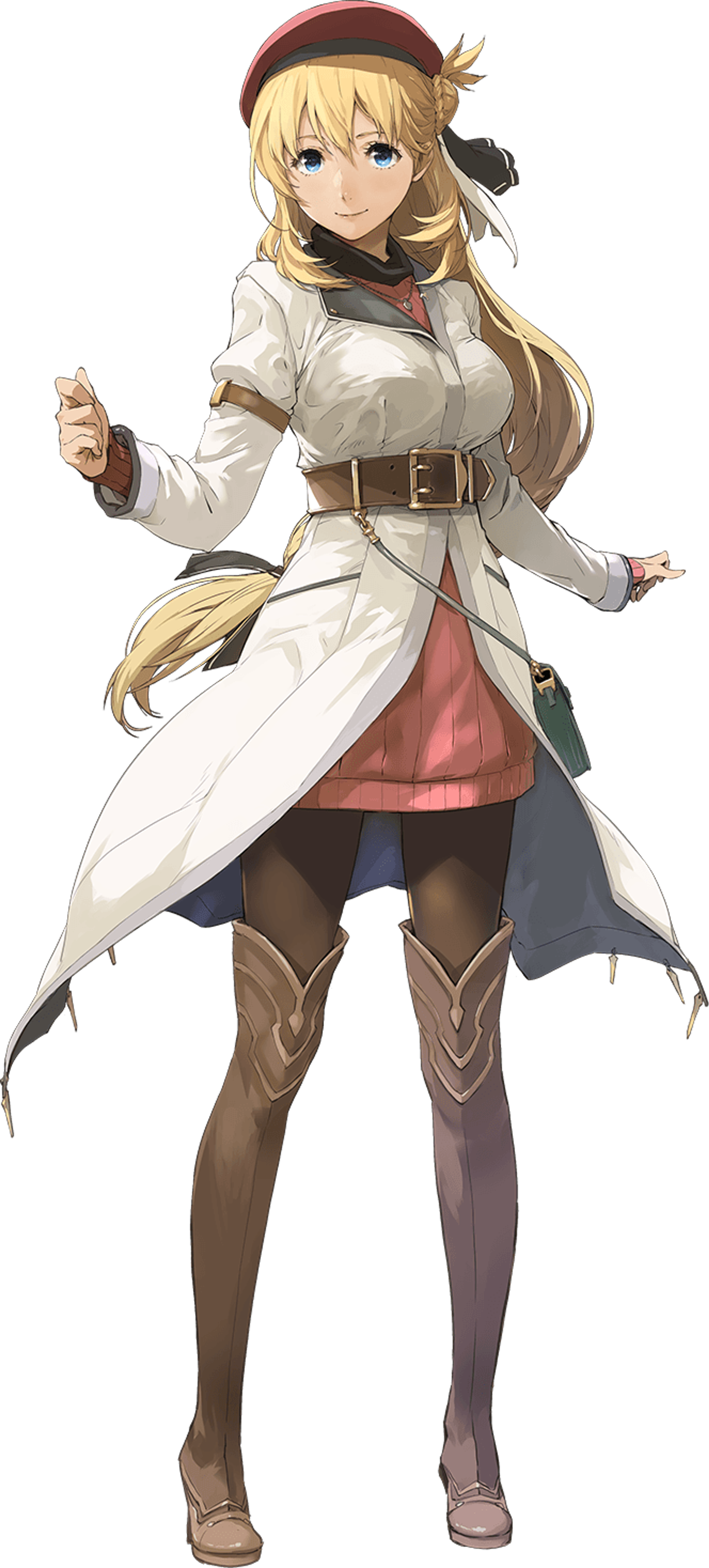 A young woman with blonde hair wearing a white coat, pink skirt, and brown boots, holding a staff or baton.