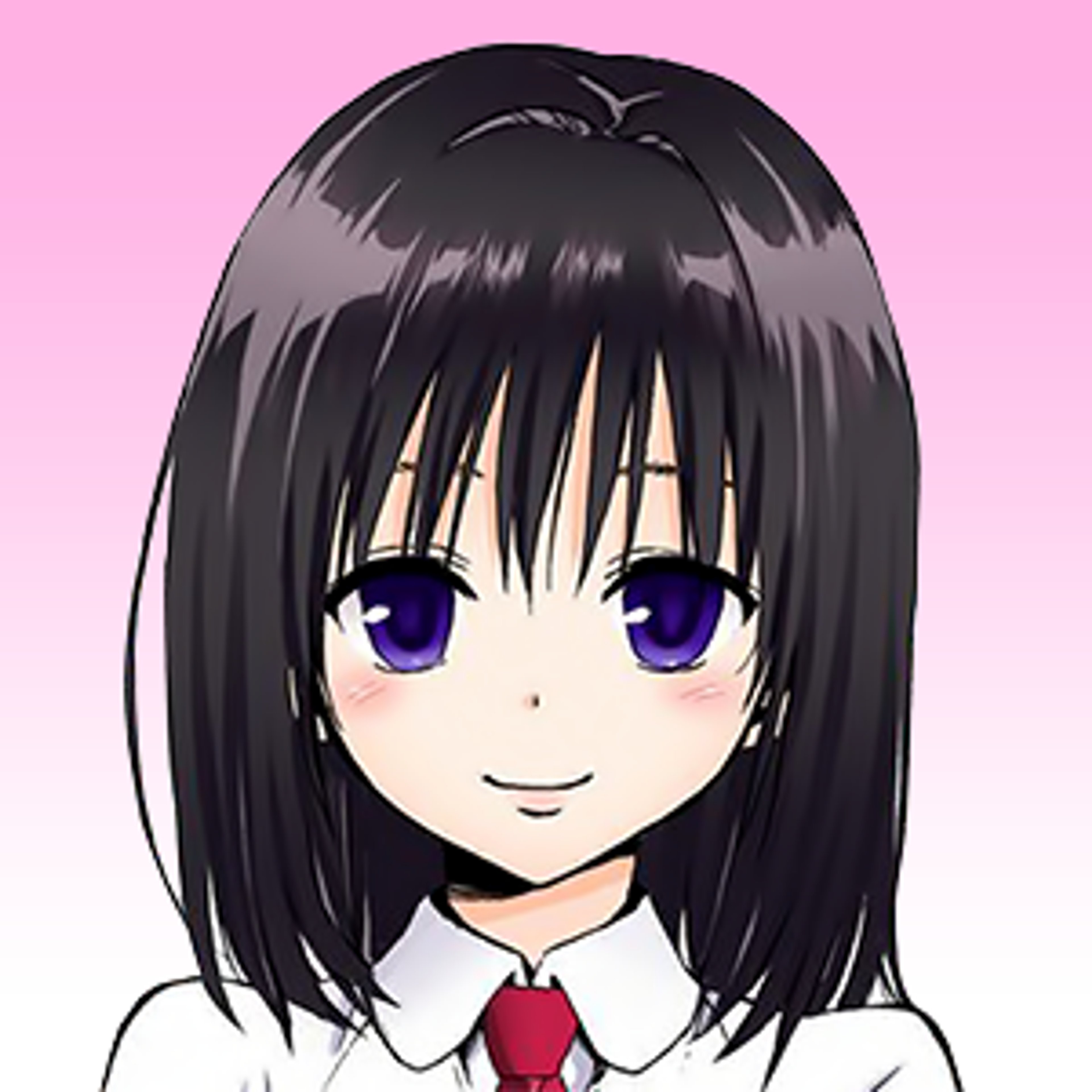 An anime-style girl with short black hair and purple eyes wearing a school uniform