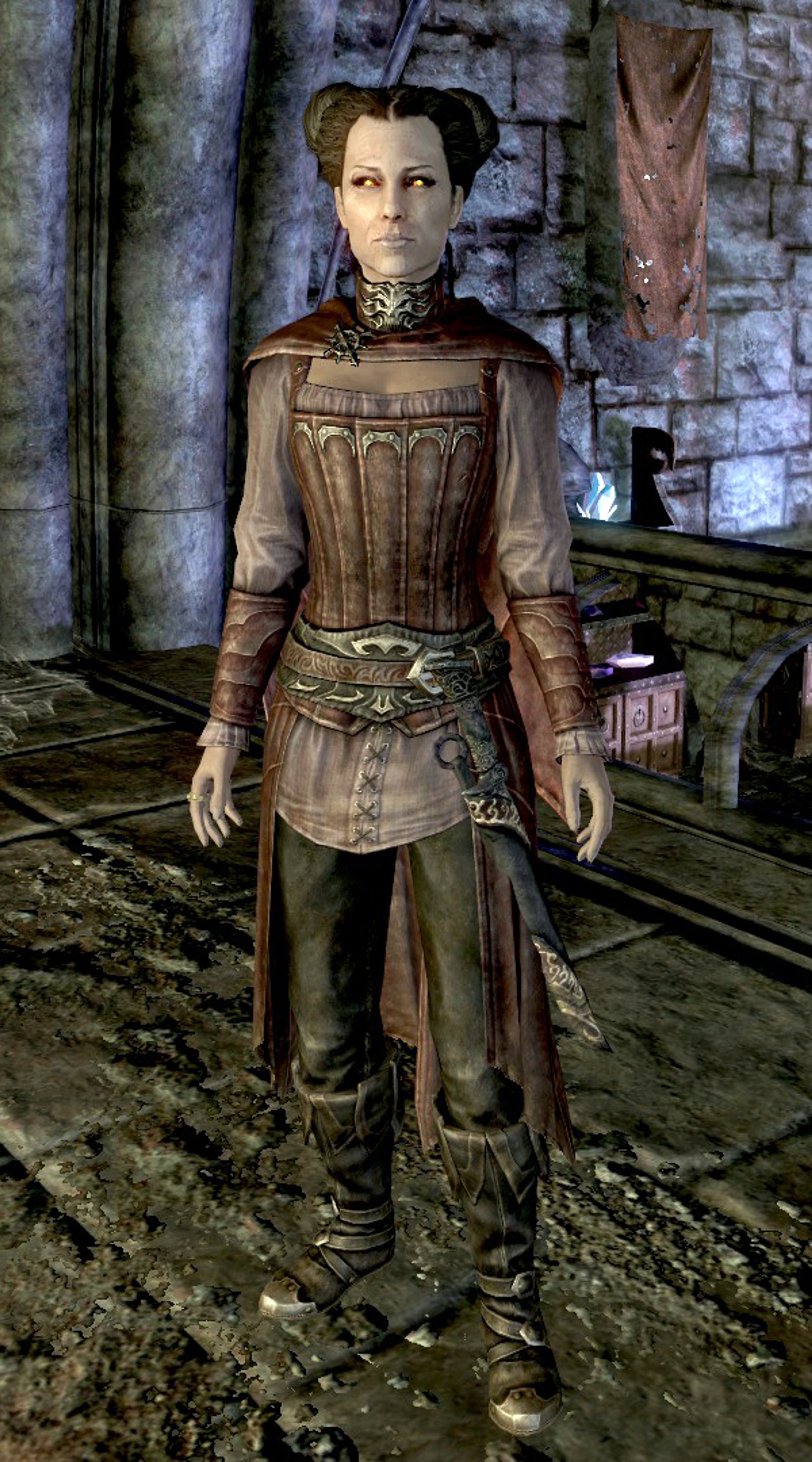 A female vampire-like character in a detailed fantasy outfit