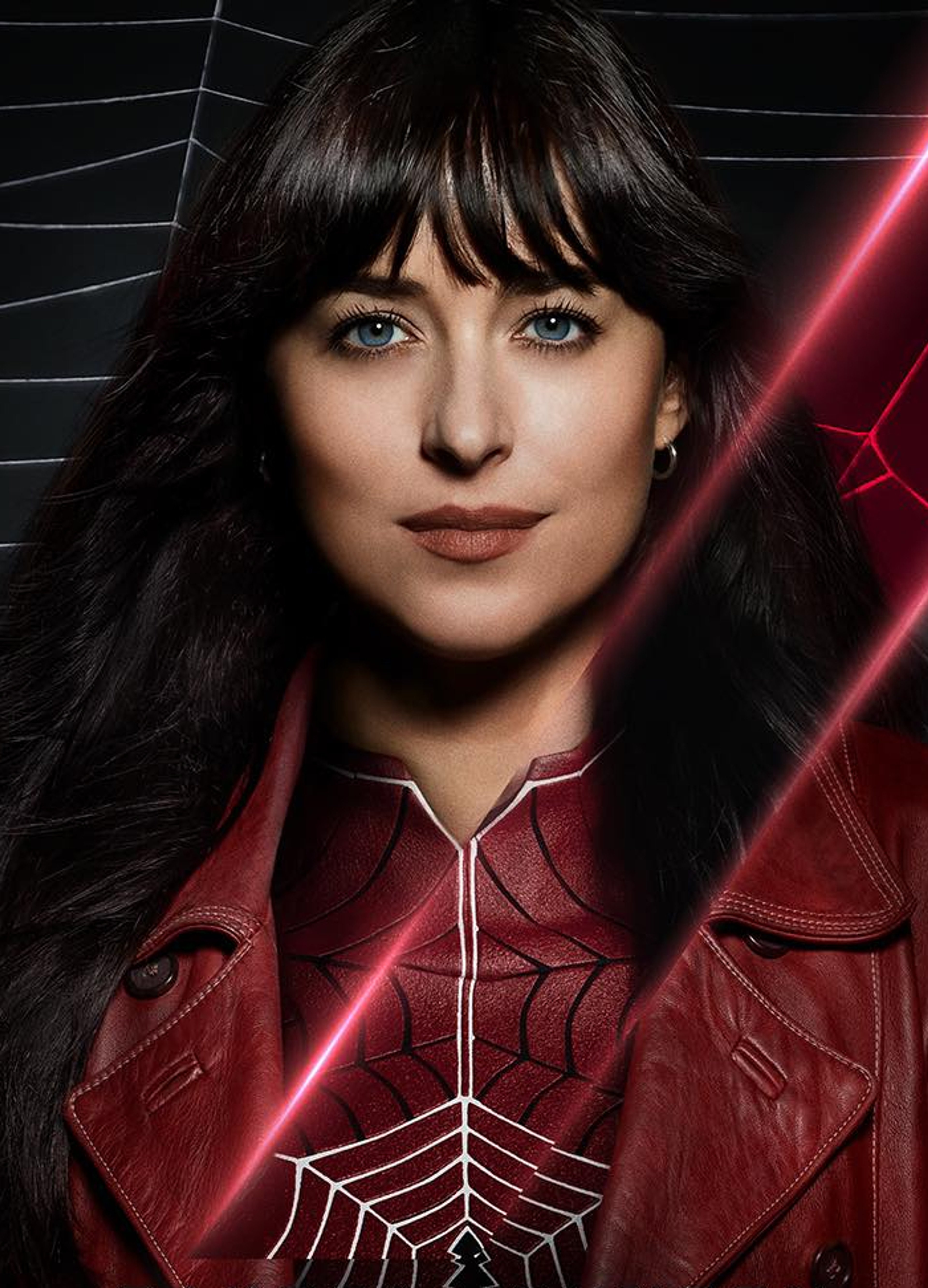 A woman with dark hair wearing a red leather jacket, looking directly at the camera.