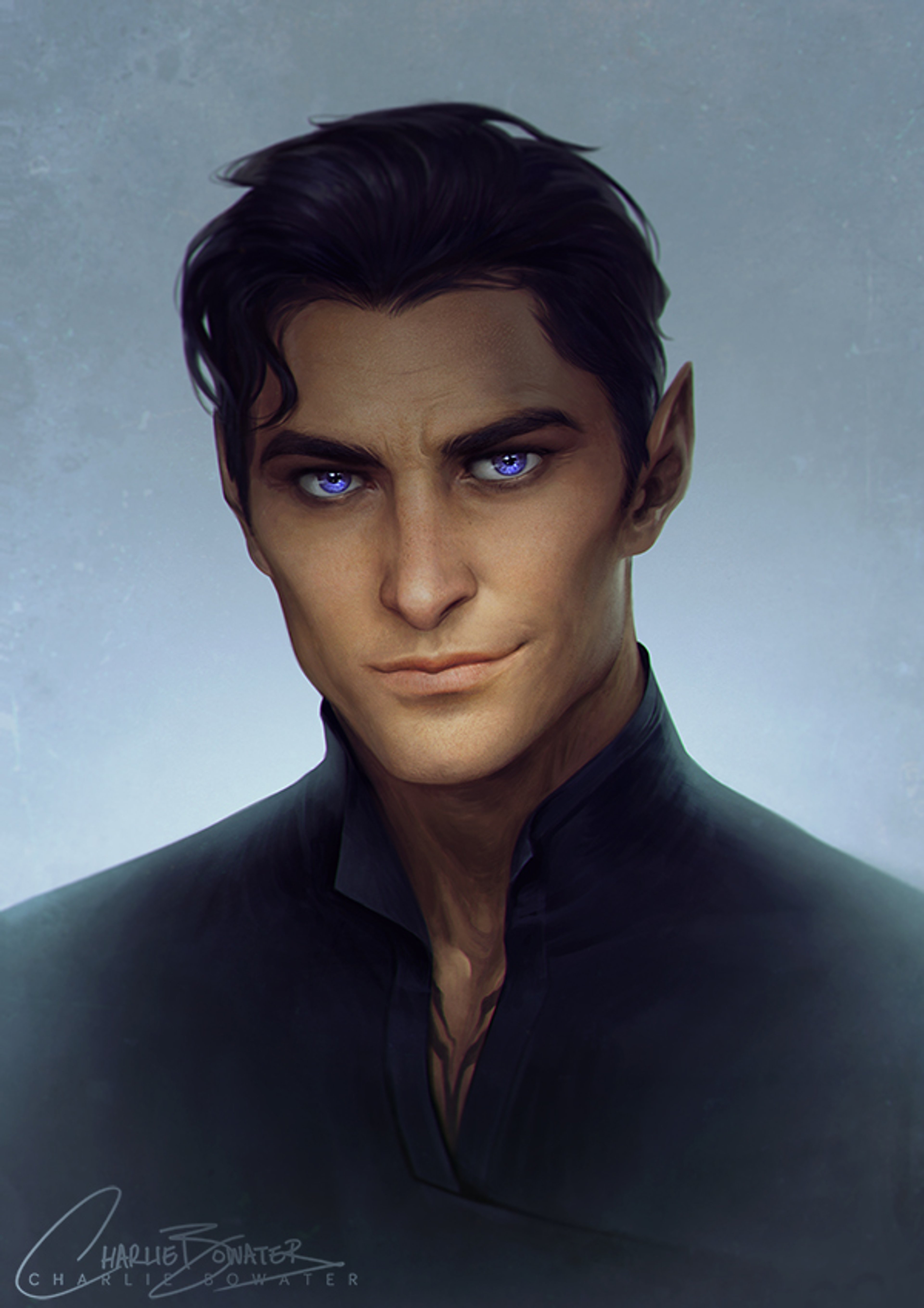 A portrait of a dark-haired, blue-eyed male character in a suit