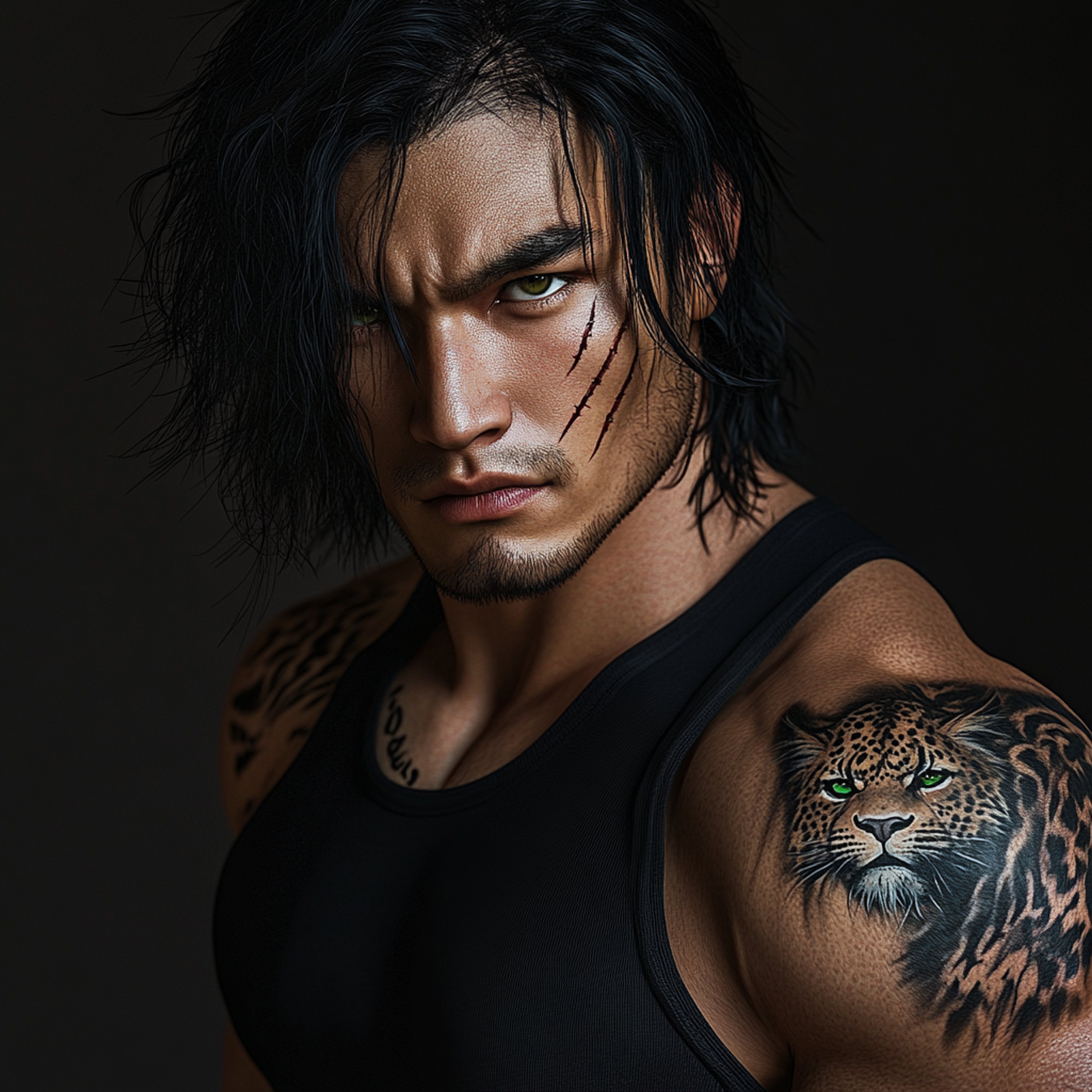 A powerful, dominant-looking man with a muscular build, long dark hair, and a fierce expression