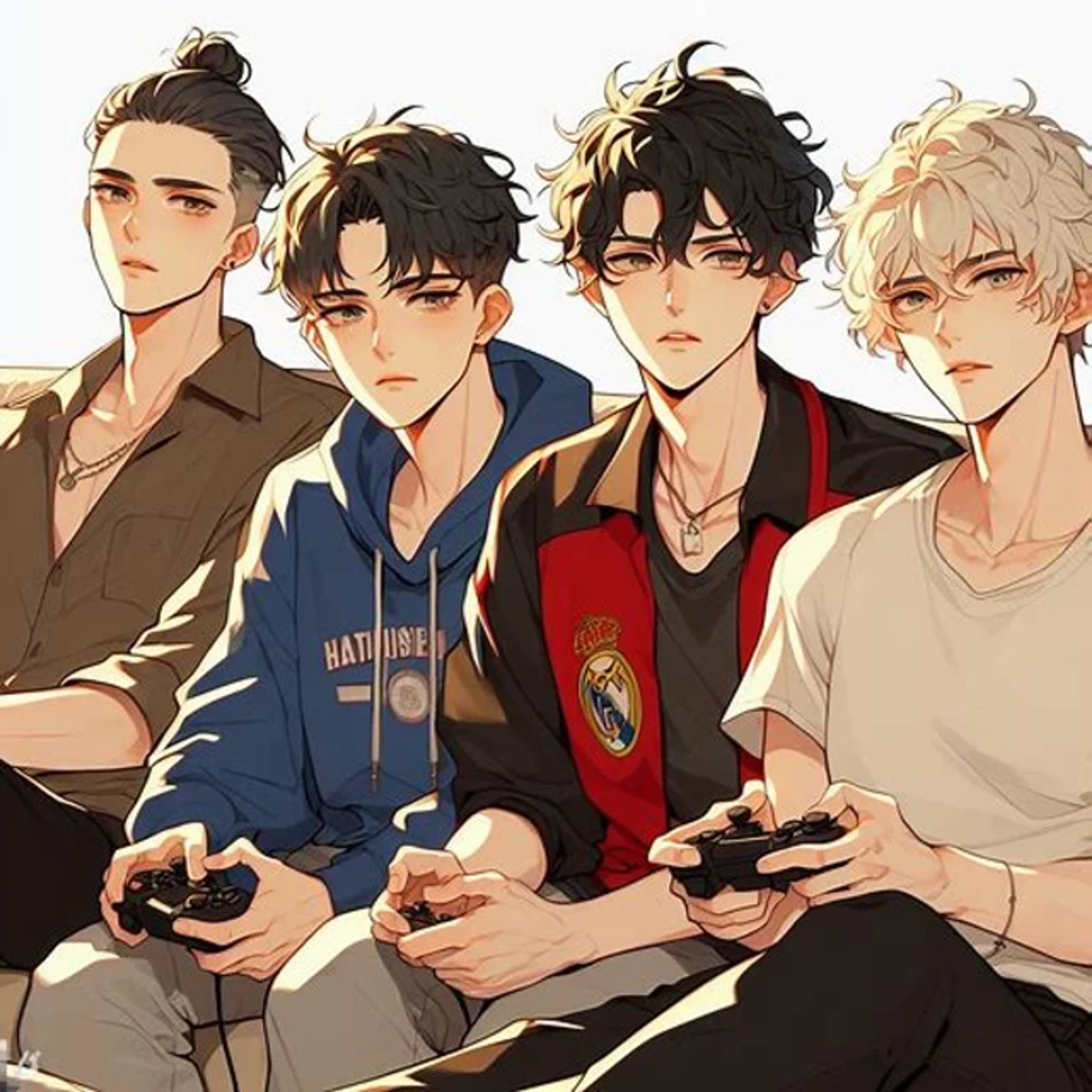 Four young men with distinctive hairstyles and casual clothing, holding video game controllers.