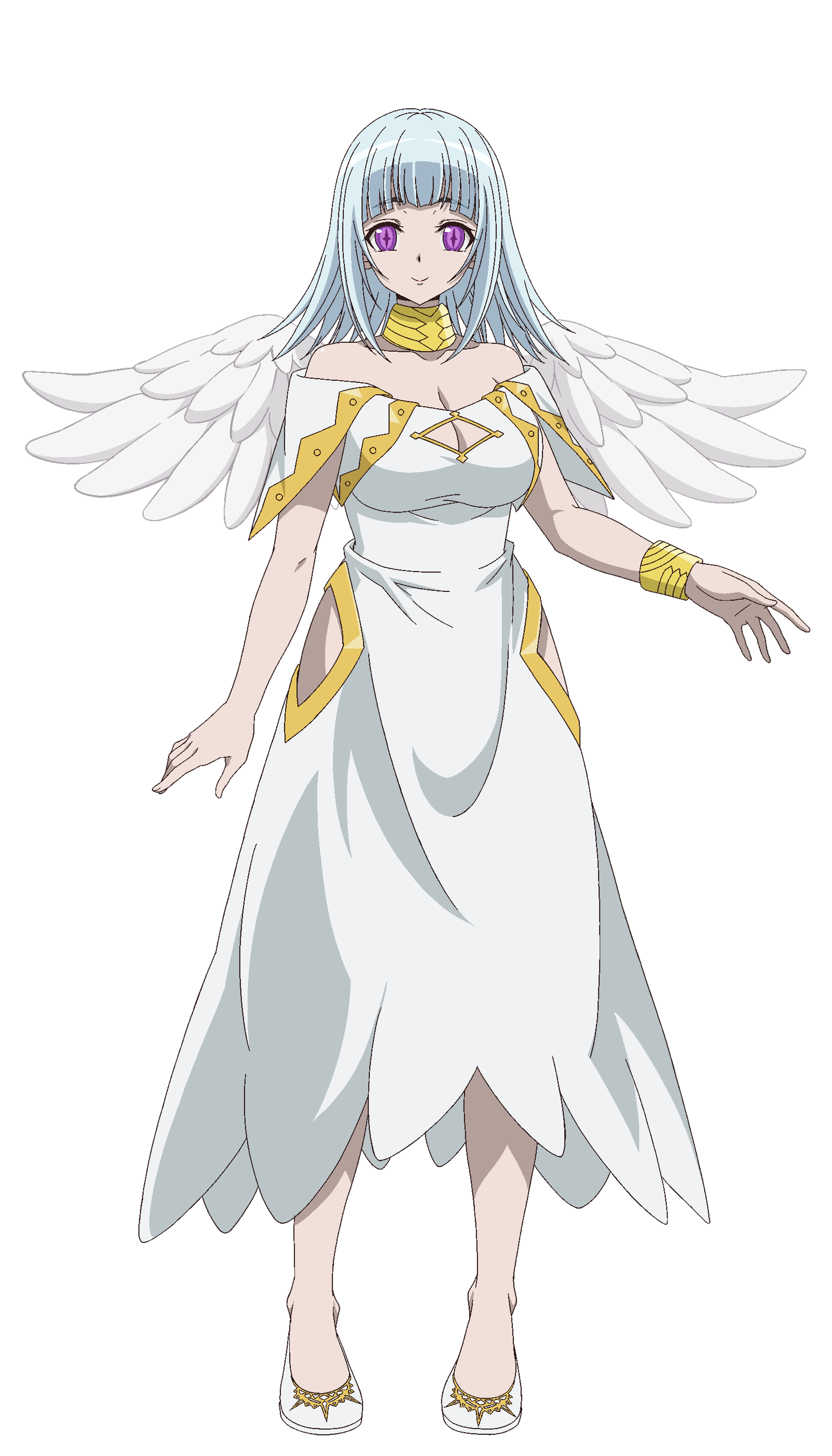 A female character with silver hair and angelic wings wearing a white and gold dress