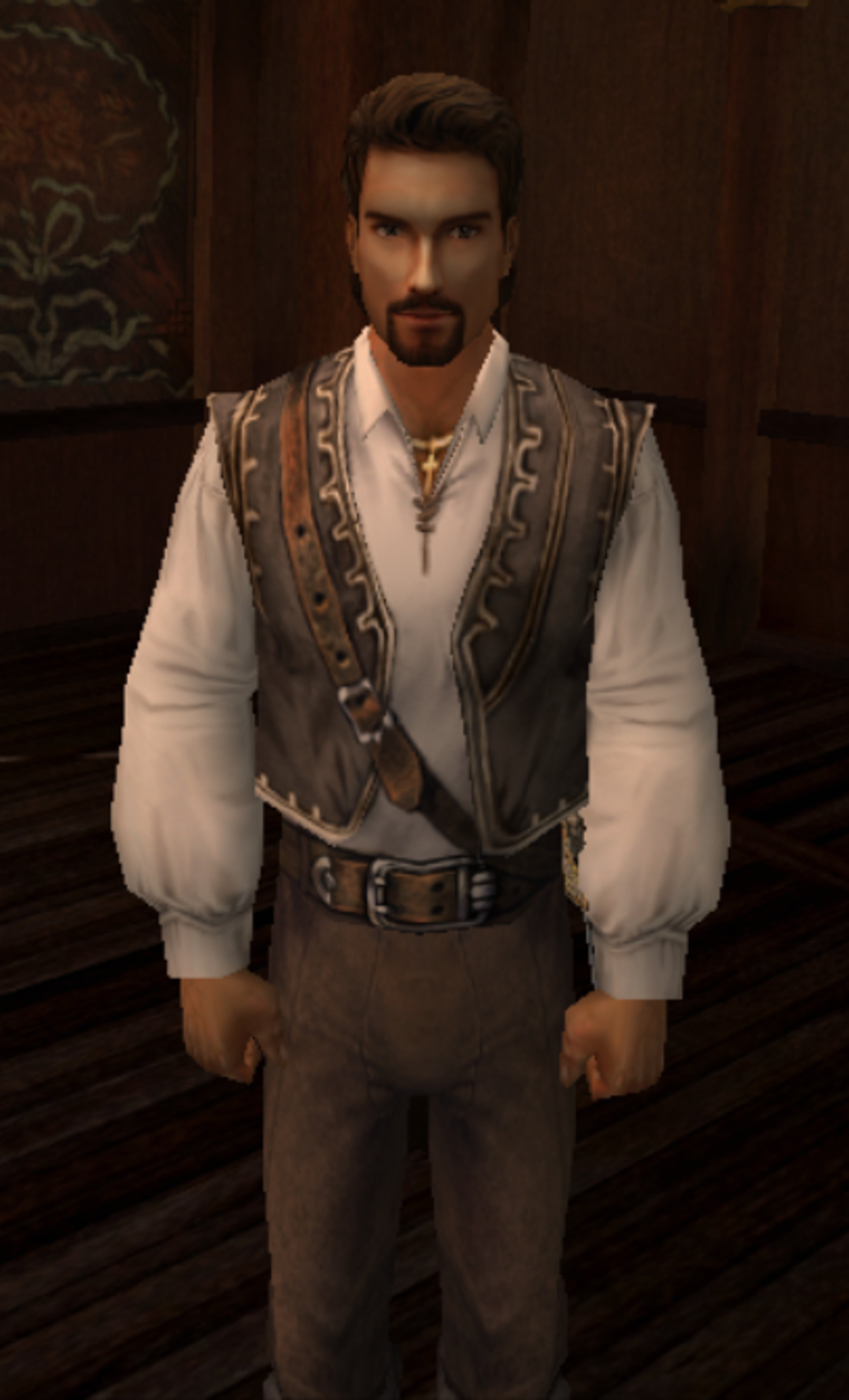 A man in a pirate-style outfit with a serious expression