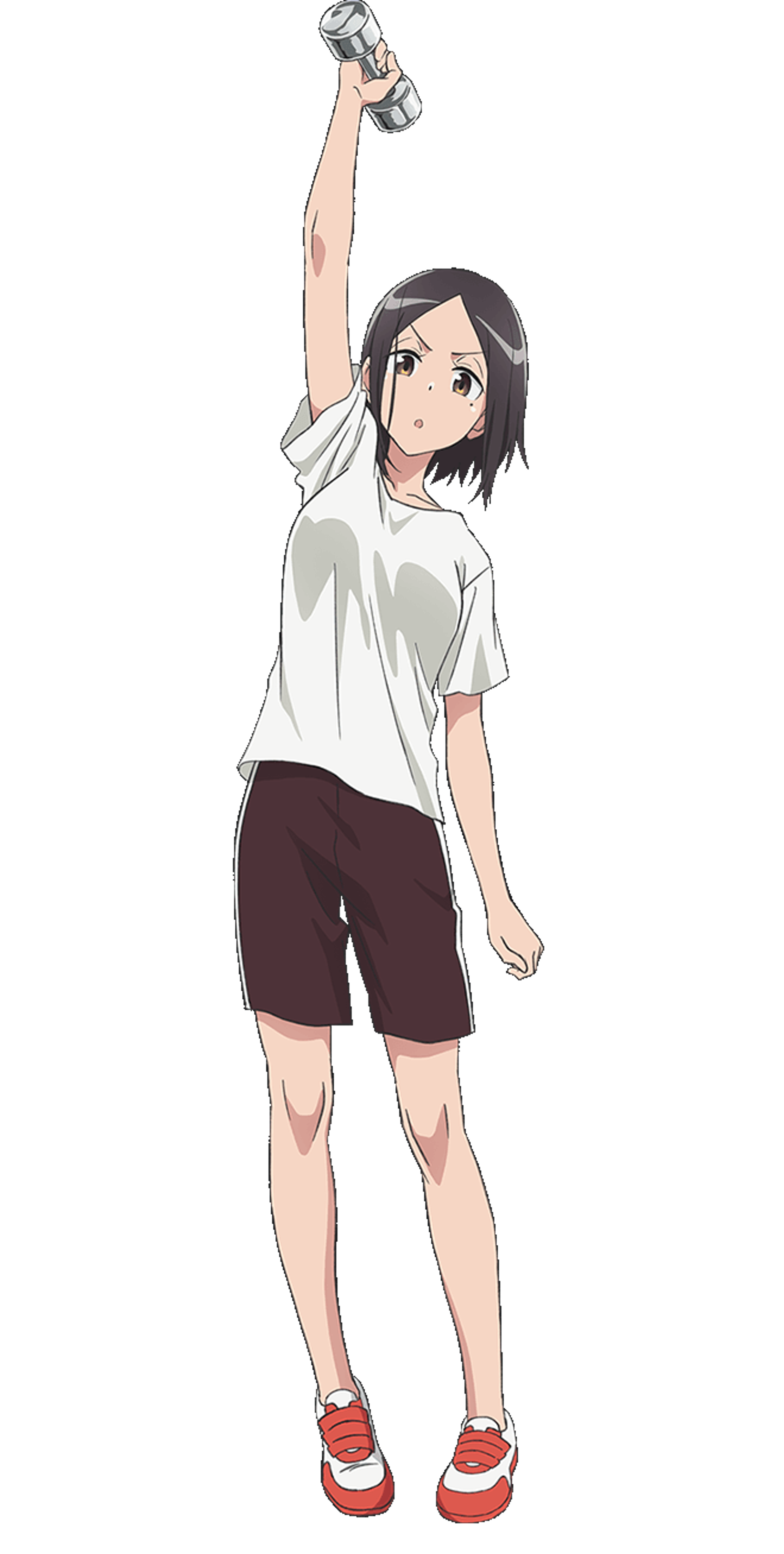 An anime-style character with short black hair and a mole under her left eye, wearing a white t-shirt and red shorts, with her arms raised in a celebratory pose.