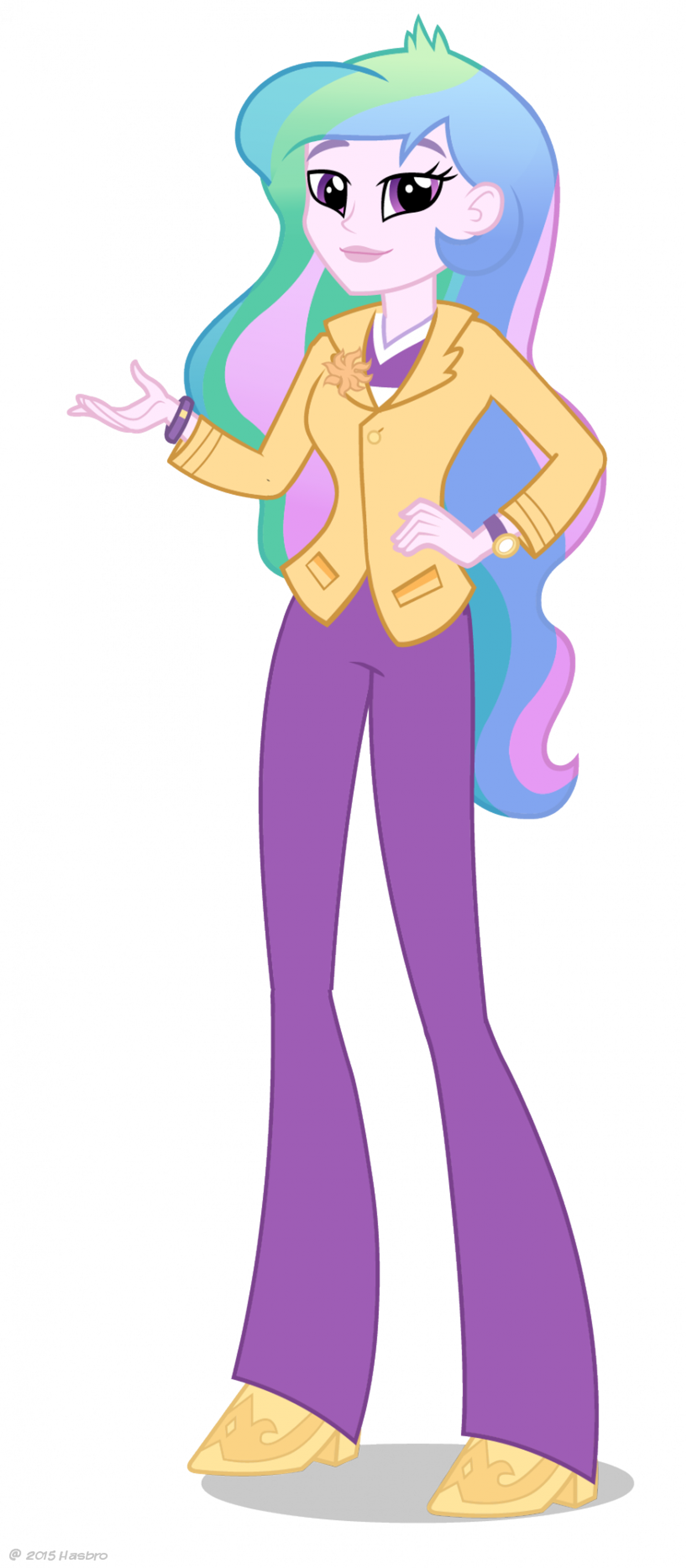 An animated character with blue and pink hair, wearing a yellow jacket and purple pants, with a friendly expression.