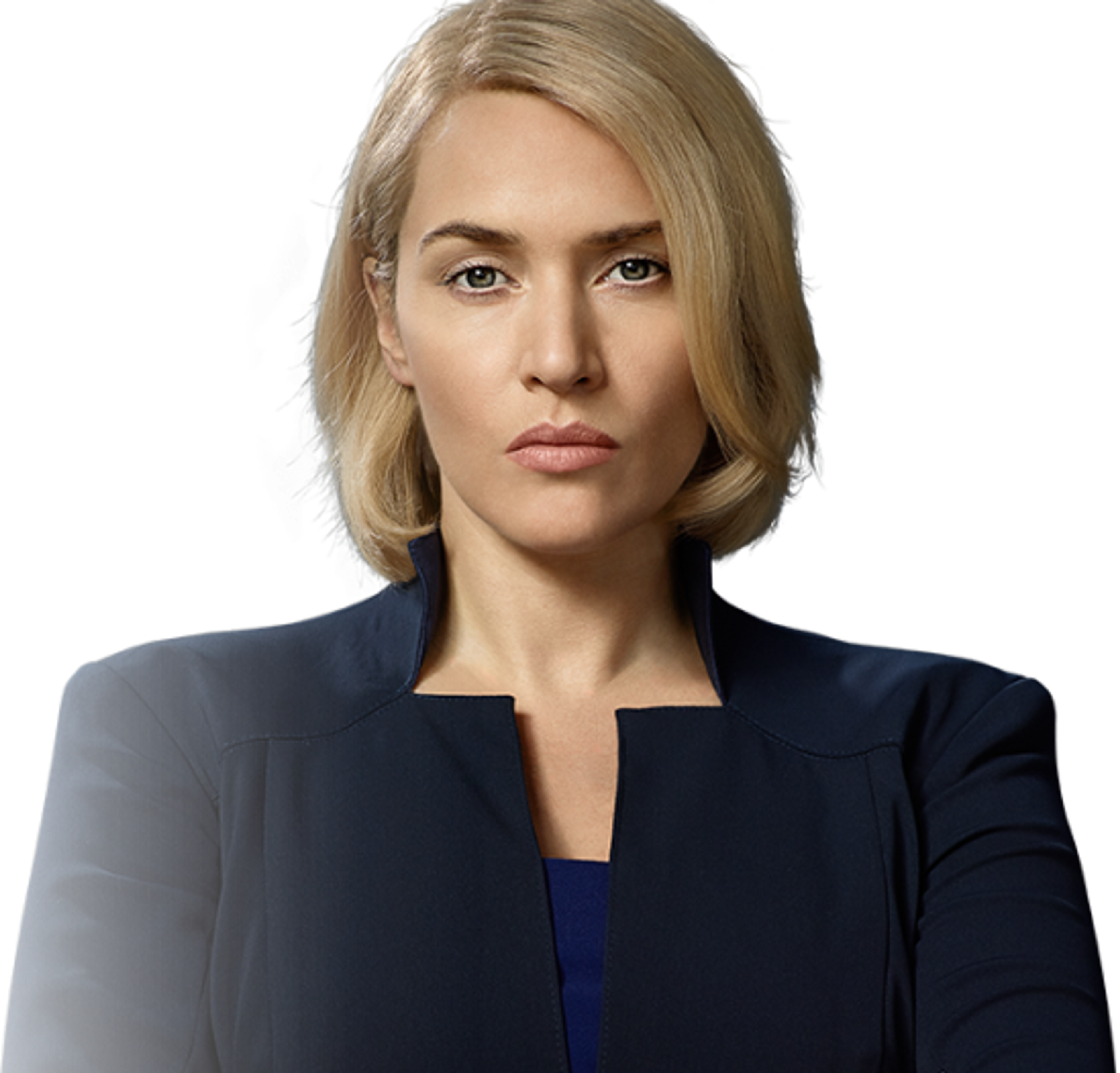 A serious-looking middle-aged woman with blonde hair wearing a dark blue blazer
