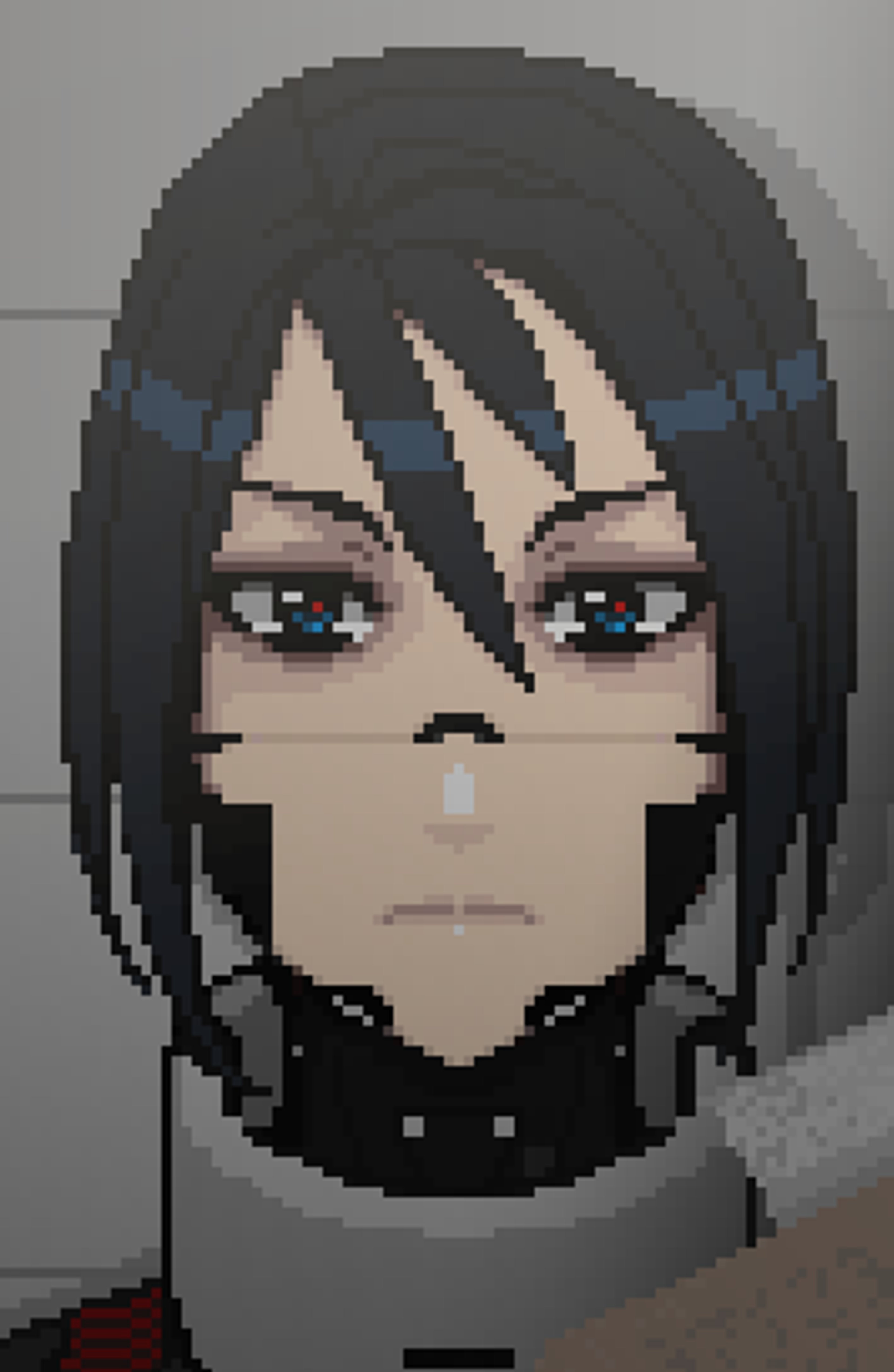 A detailed pixel art portrait of a tall, stern-looking character in an armored bodysuit