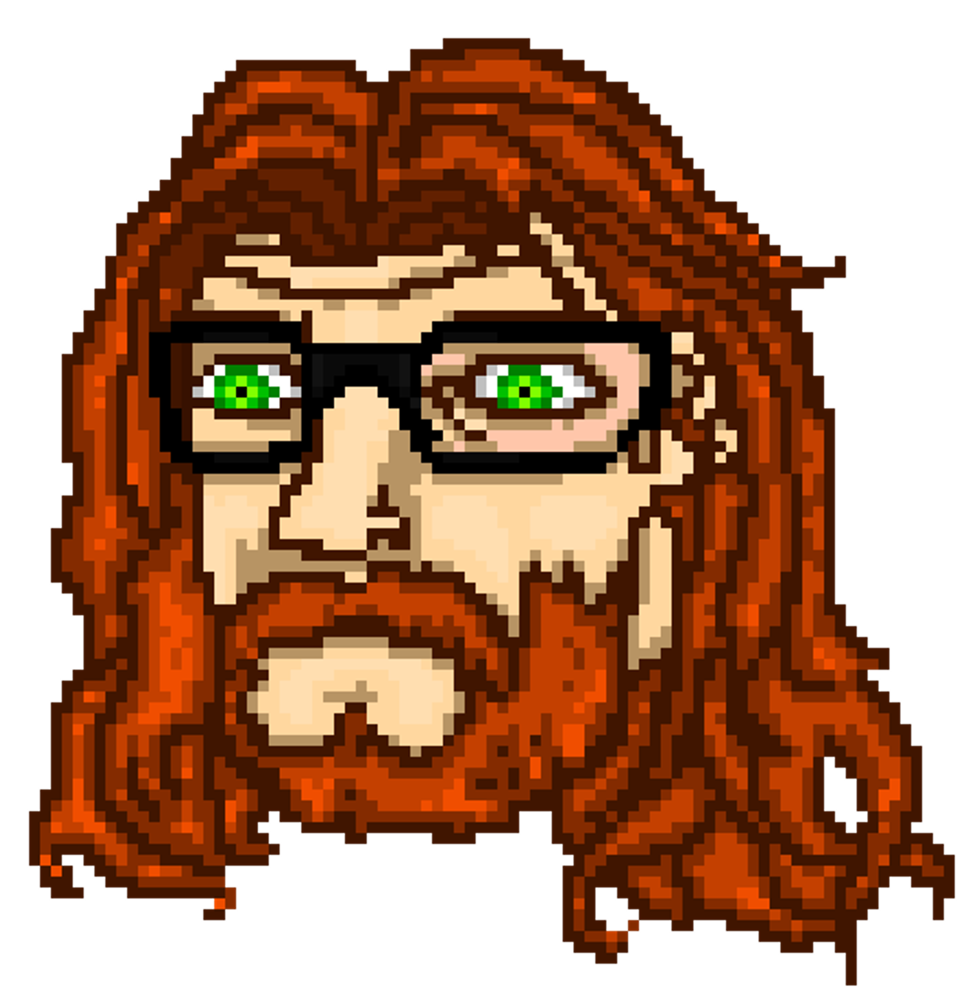 A detailed pixel art portrait of a character with long red hair and a beard