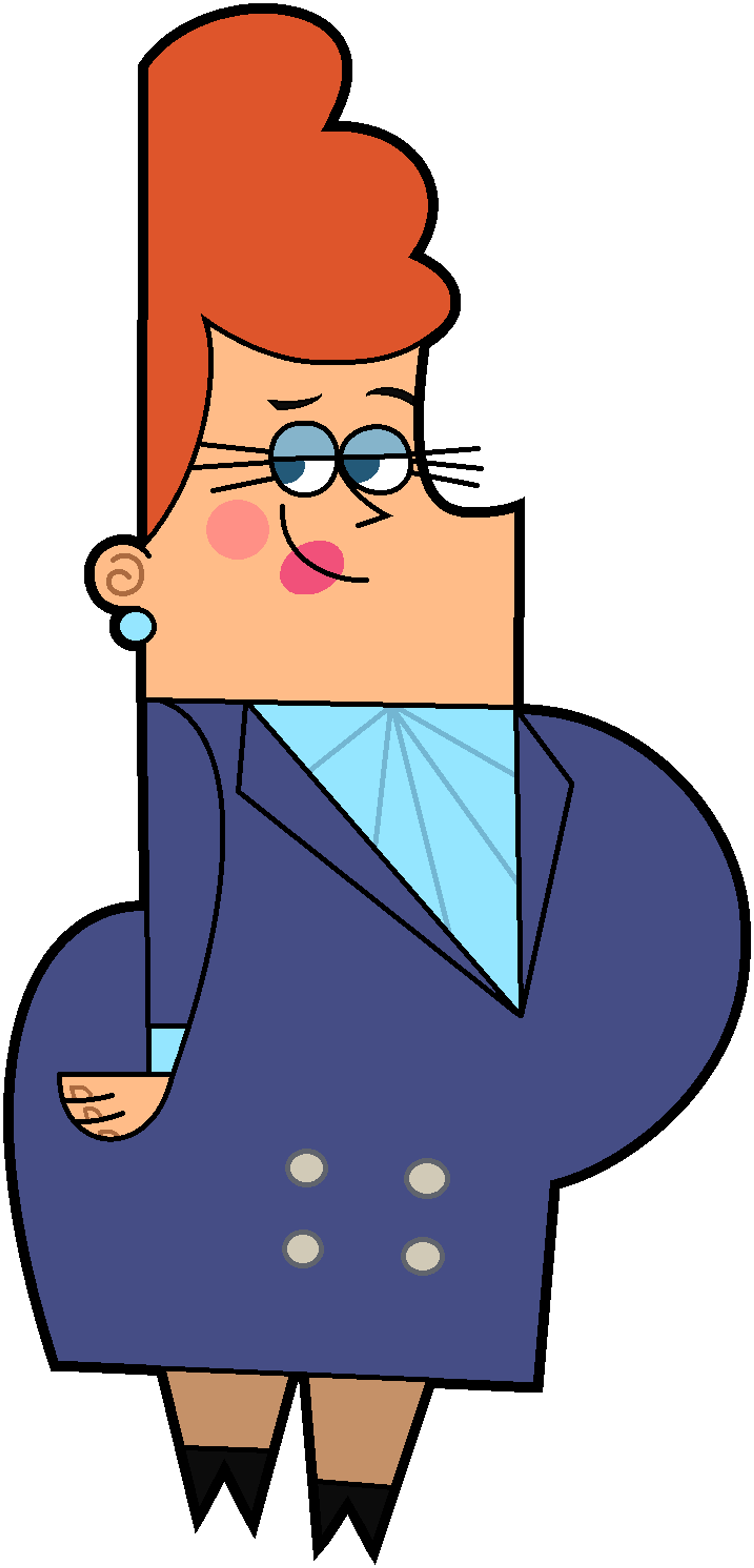 An illustration of a middle-aged, heavyset woman in a blue business suit with a beehive hairstyle