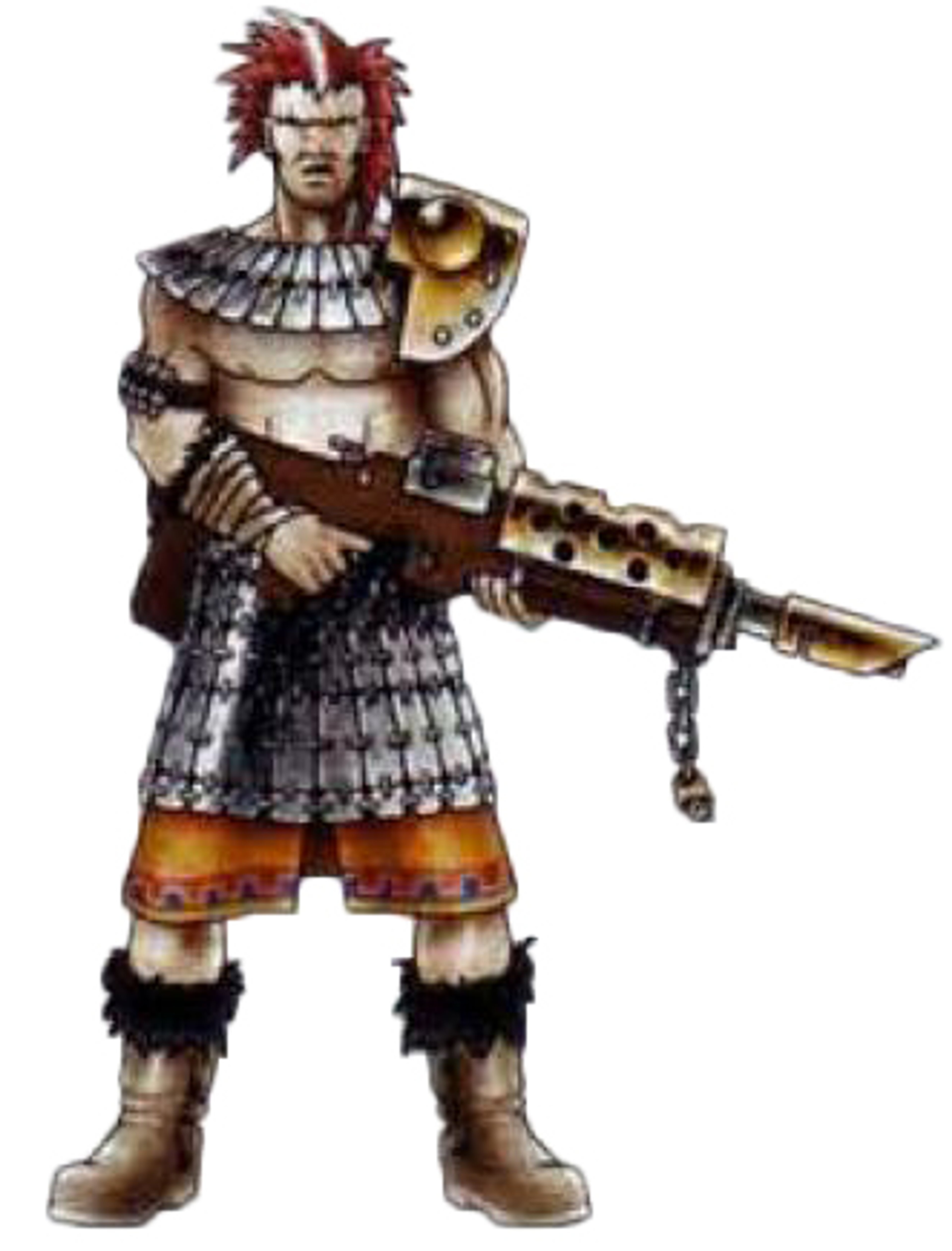 A heavily armored male character with red spiky hair, holding a futuristic weapon.