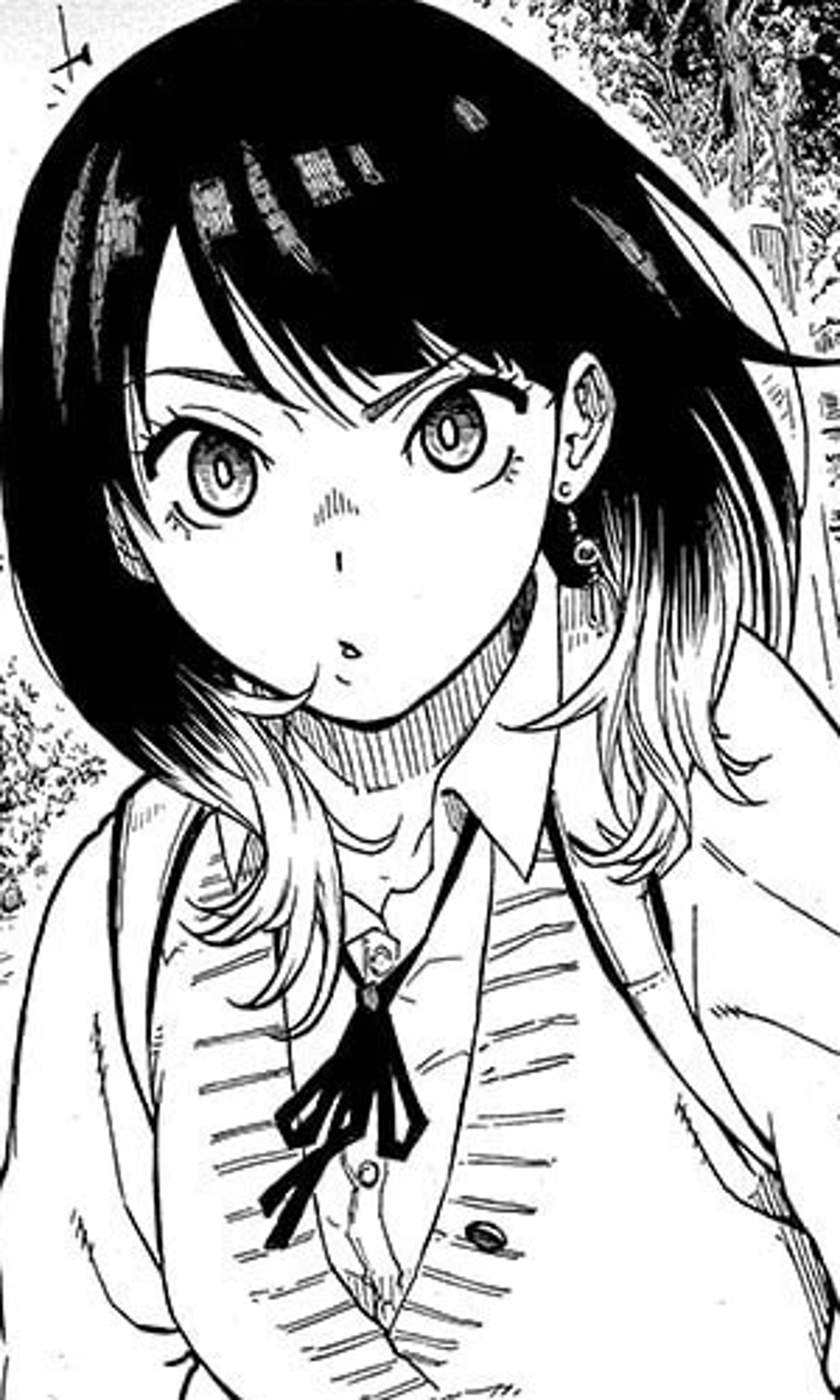 A young woman with dark hair and large eyes, wearing a school uniform or similar outfit, in a black and white manga/anime style.