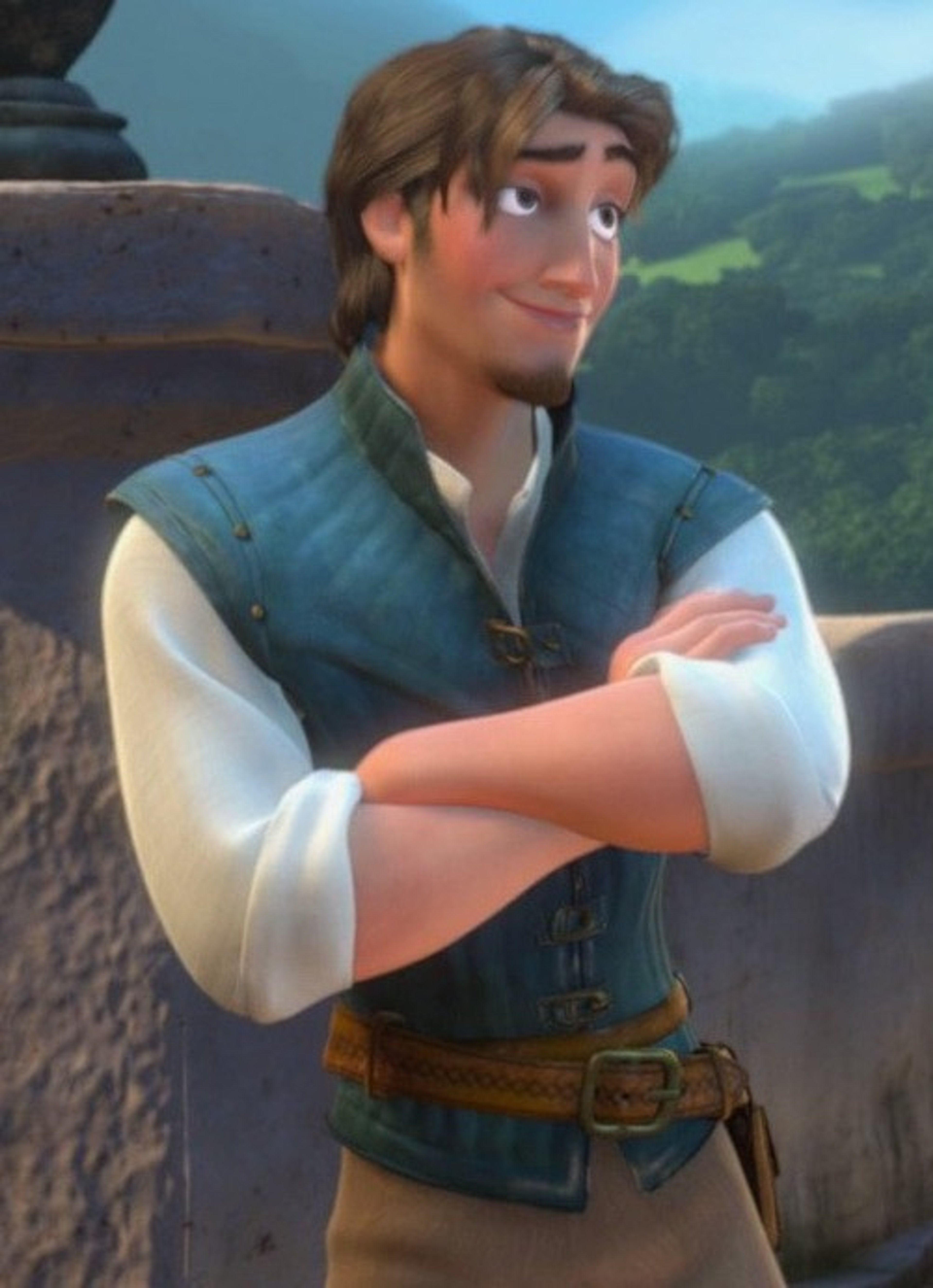 A young man with brown hair wearing a white shirt, blue vest, and brown belt