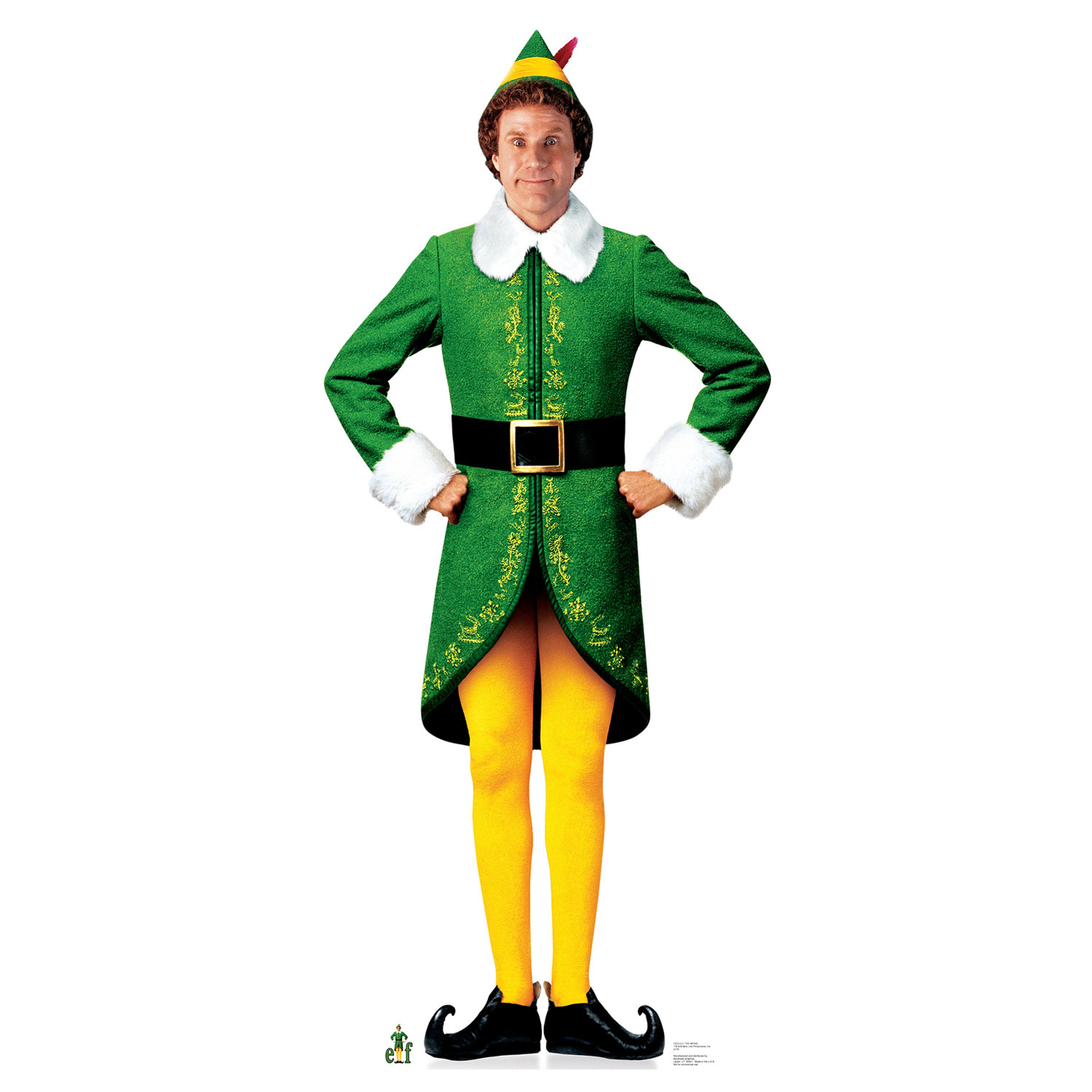 A man dressed as an elf with a green costume, yellow tights, and a pointed hat