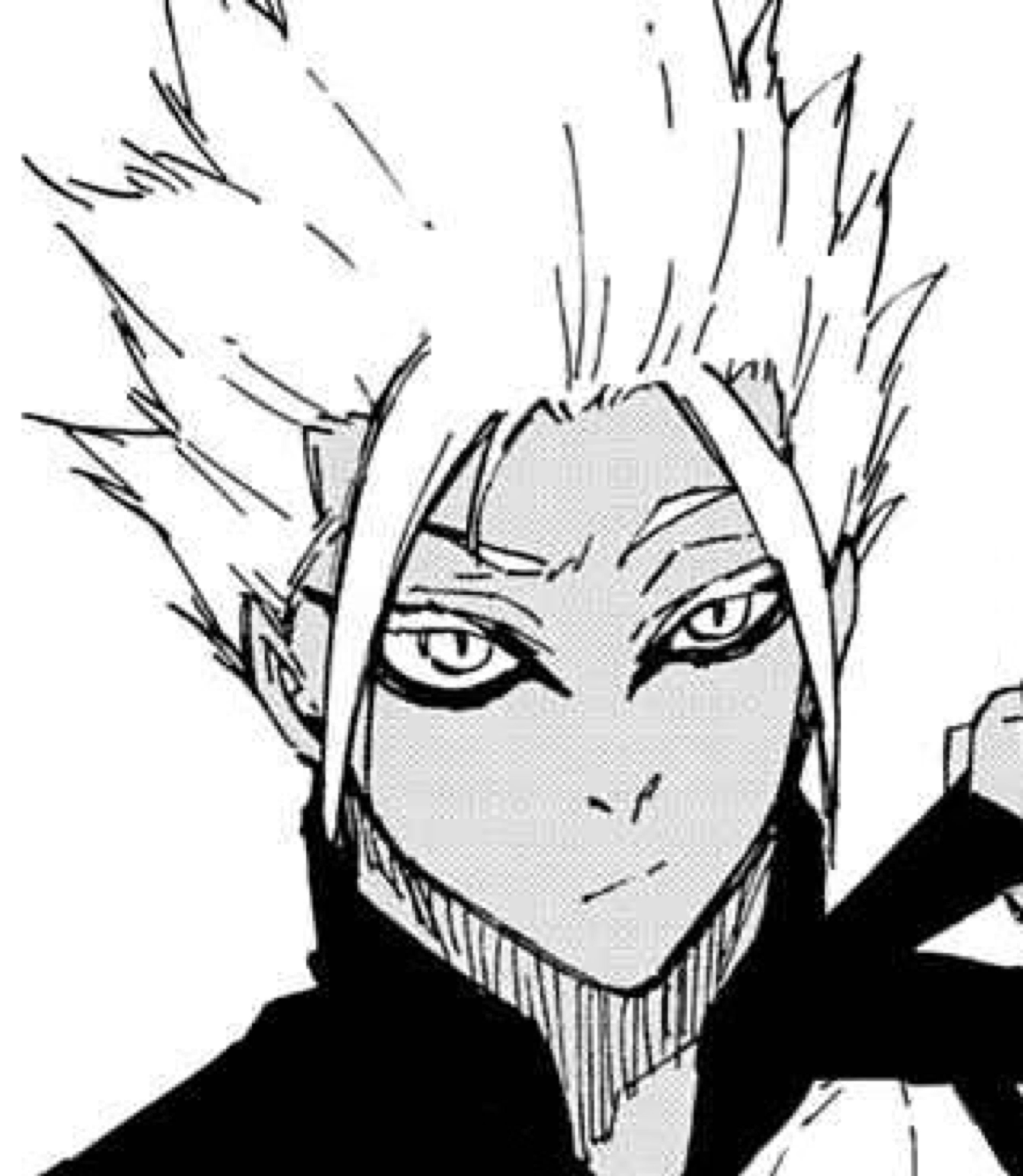 A serious-looking male character with spiky white hair and an intense expression