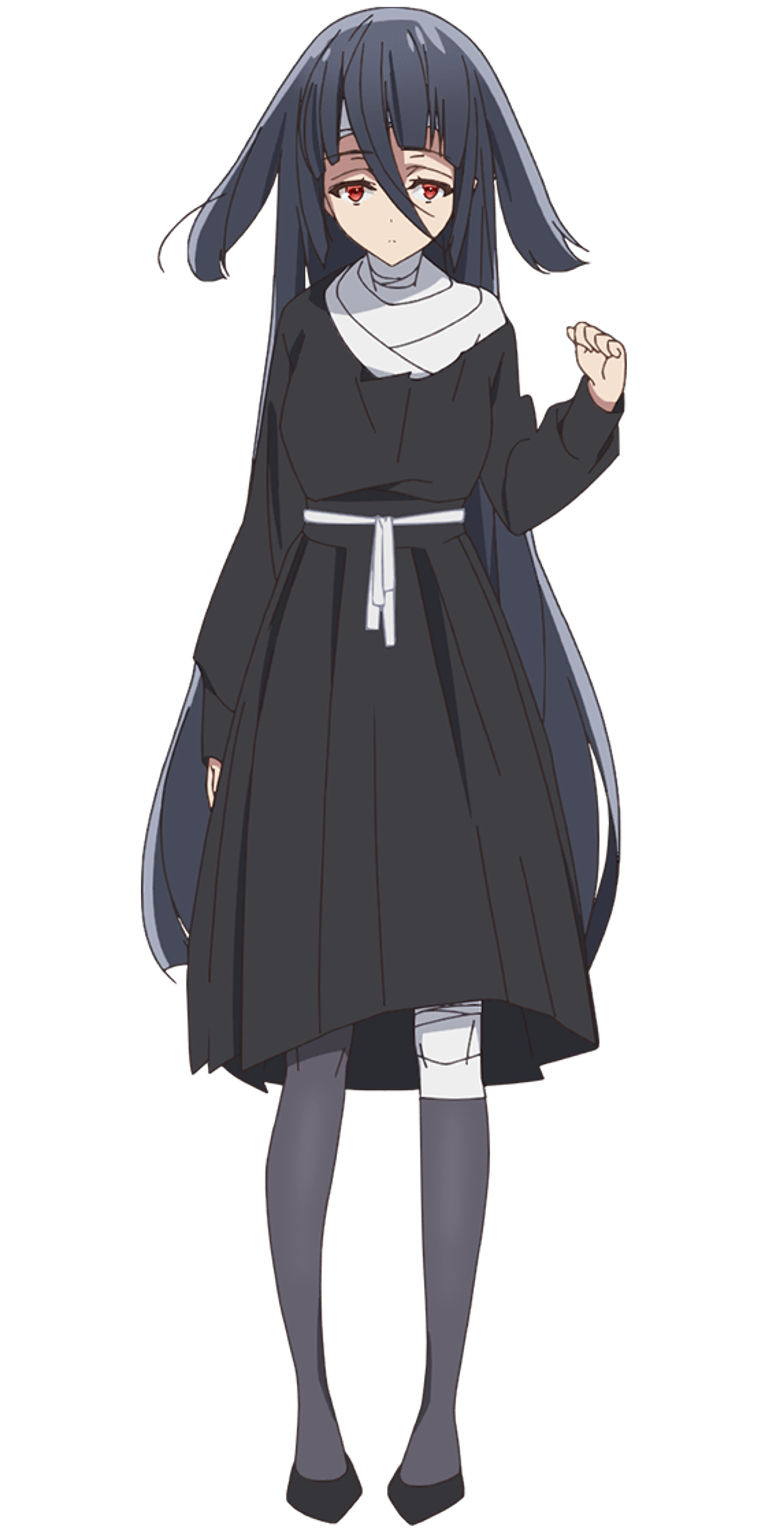A woman with long dark hair and bandages covering her body, standing with a serious expression.
