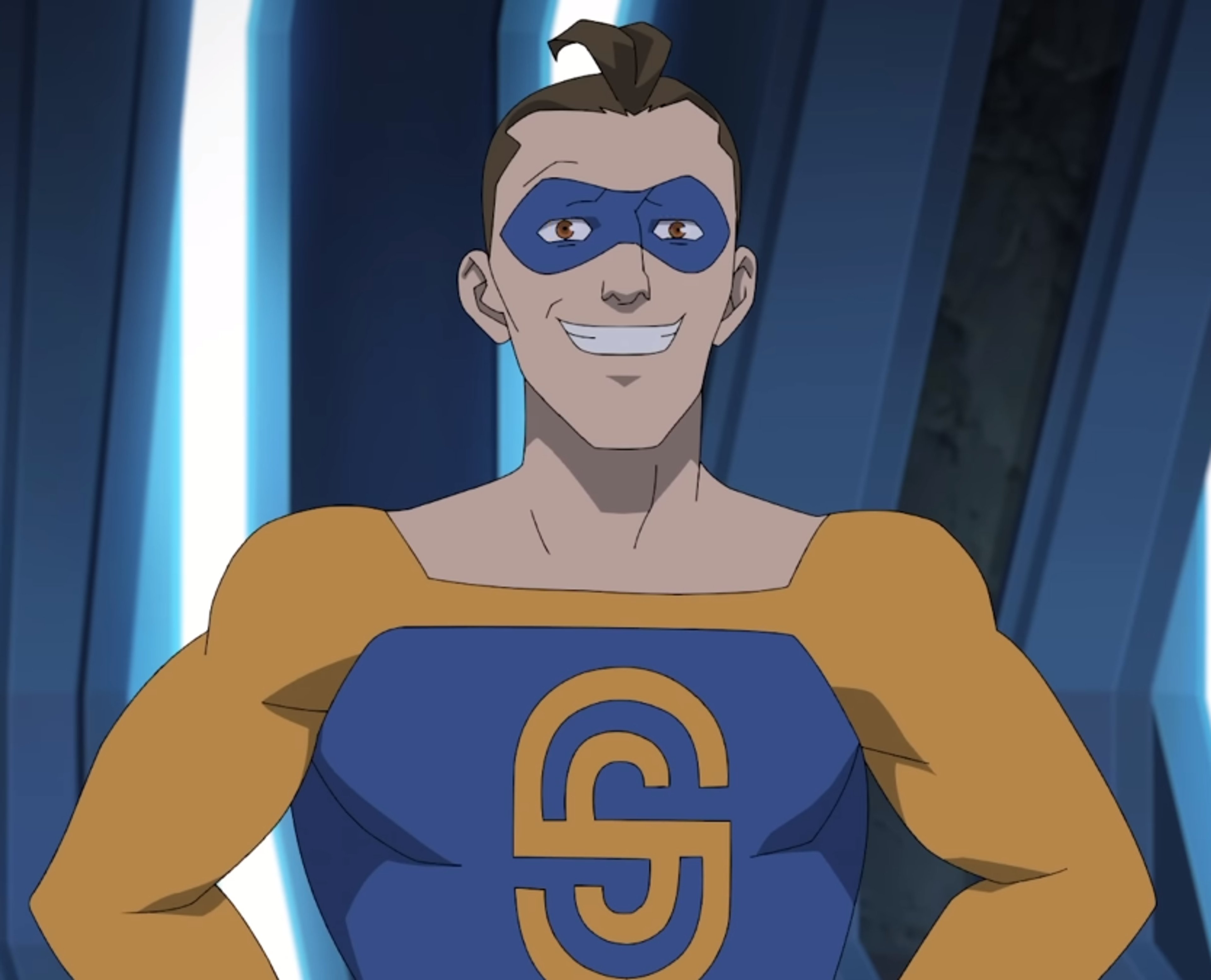 An animated male superhero character with blue skin, a muscular build, and a cheerful expression.