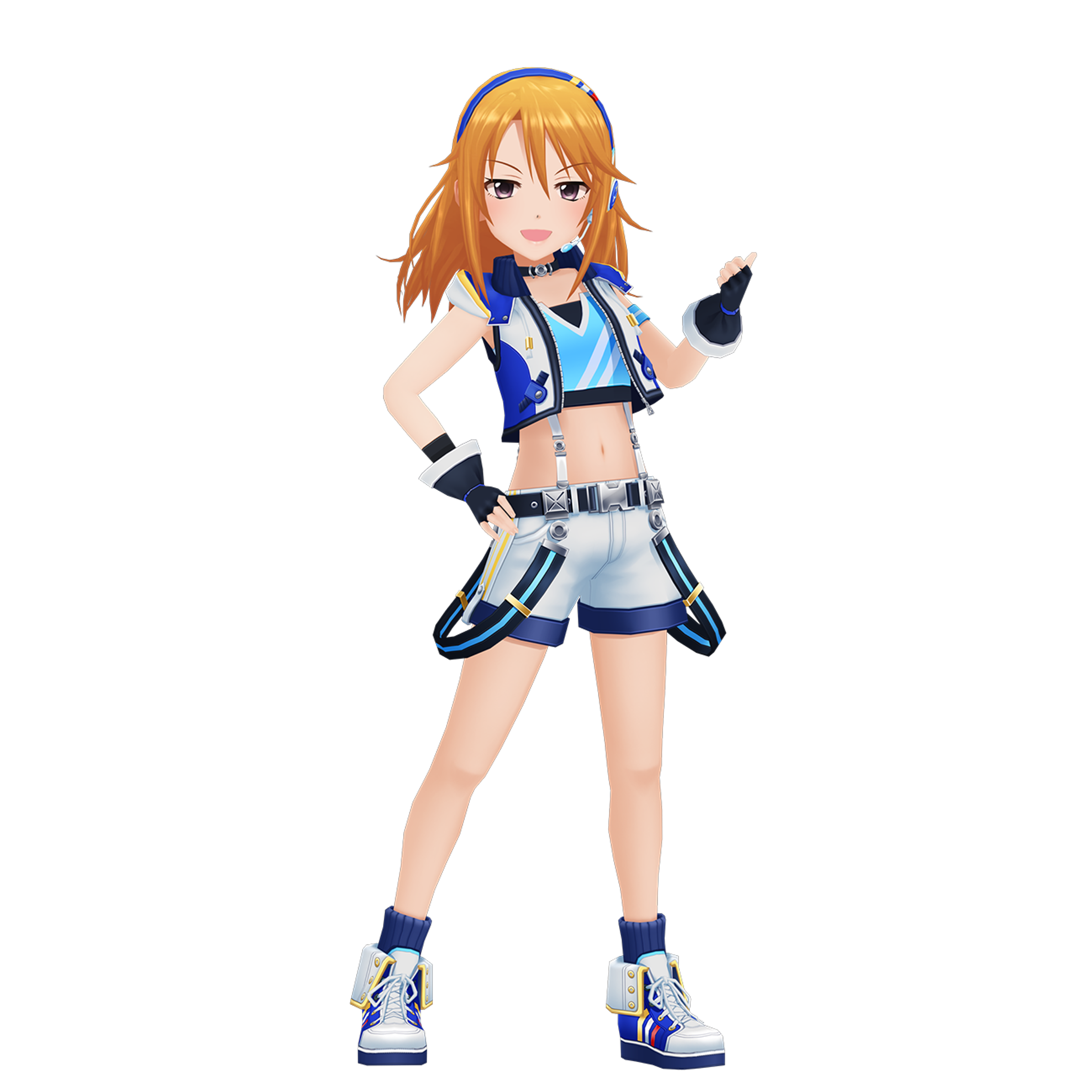 An anime-style character with carrot-colored hair and mahogany eyes, wearing a blue and white idol outfit that shows off her midriff.