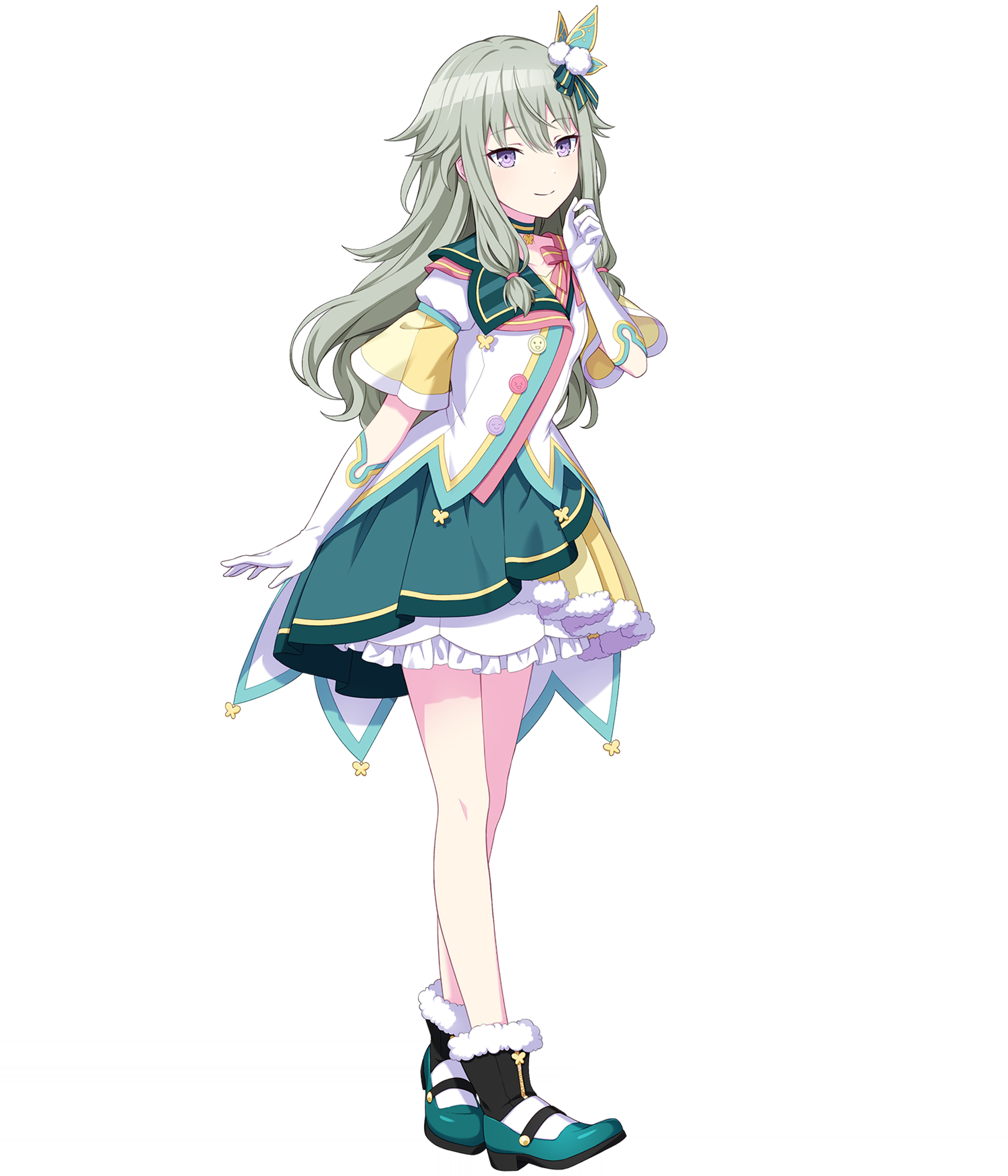 An anime-style character with light-colored twin tails wearing a green and pink outfit