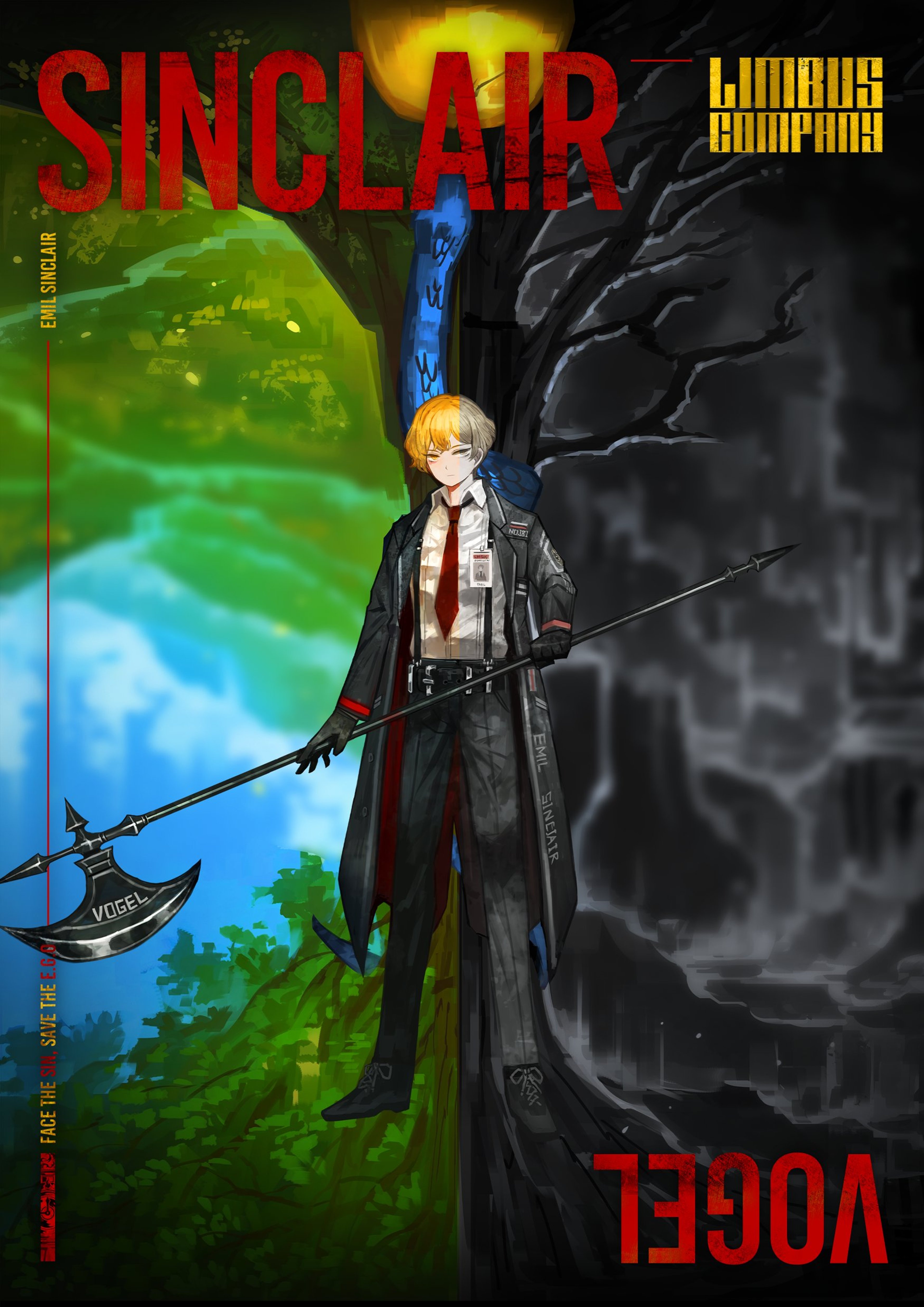 A young man in a formal outfit holding a halberd-like weapon in a fantasy-like setting