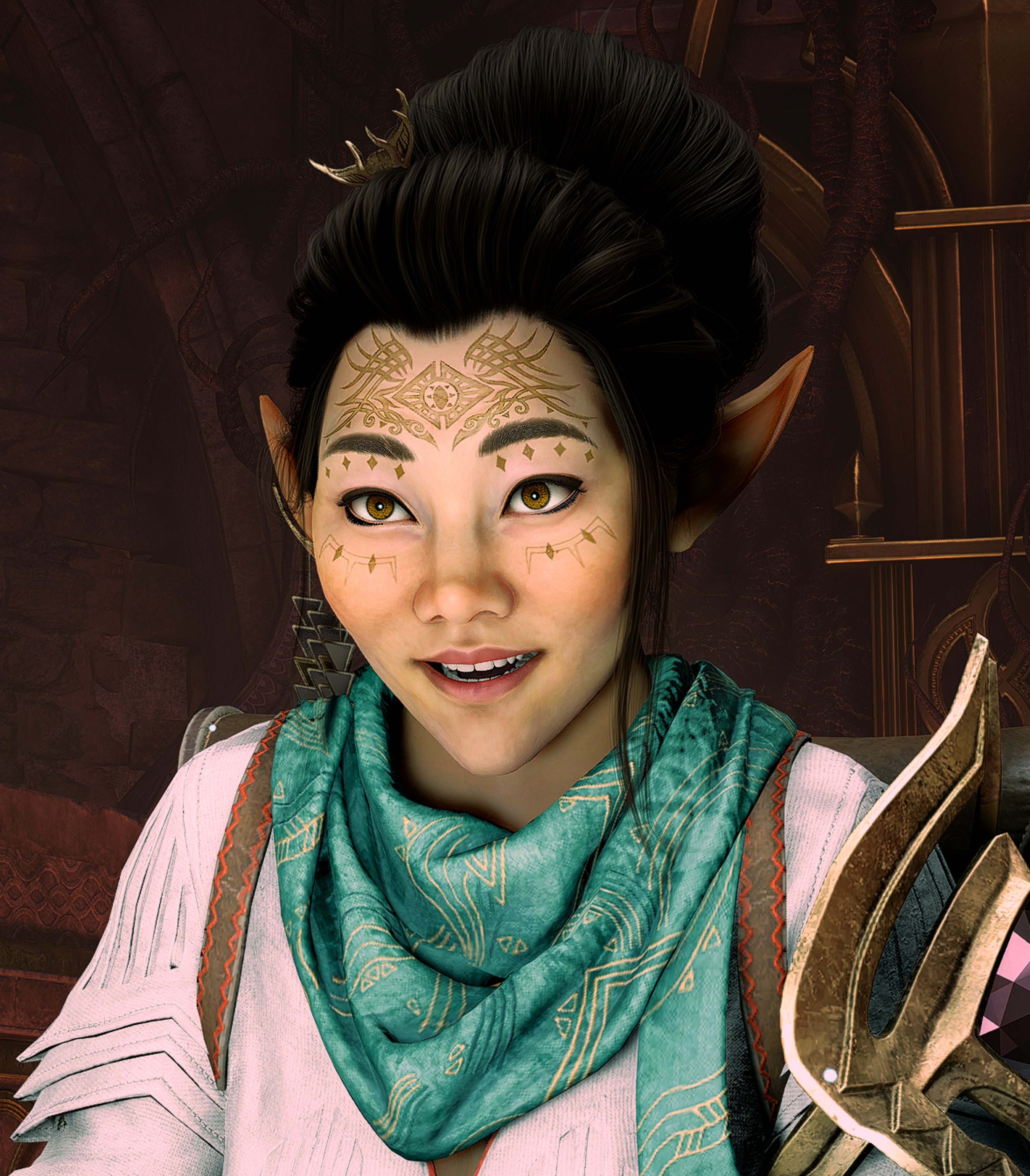 A female elf character with dark hair and pointed ears, wearing a green scarf and pink top, in a wooden setting.