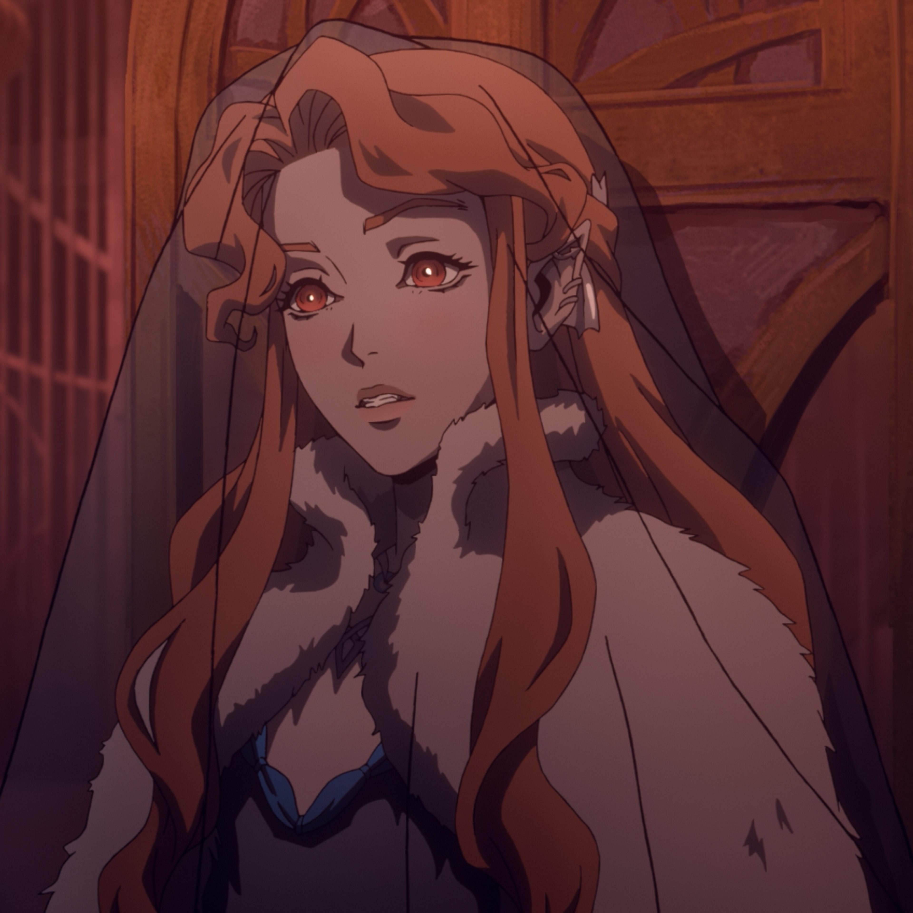 A detailed portrait of a female vampire character with long orange hair and a dark, ornate dress