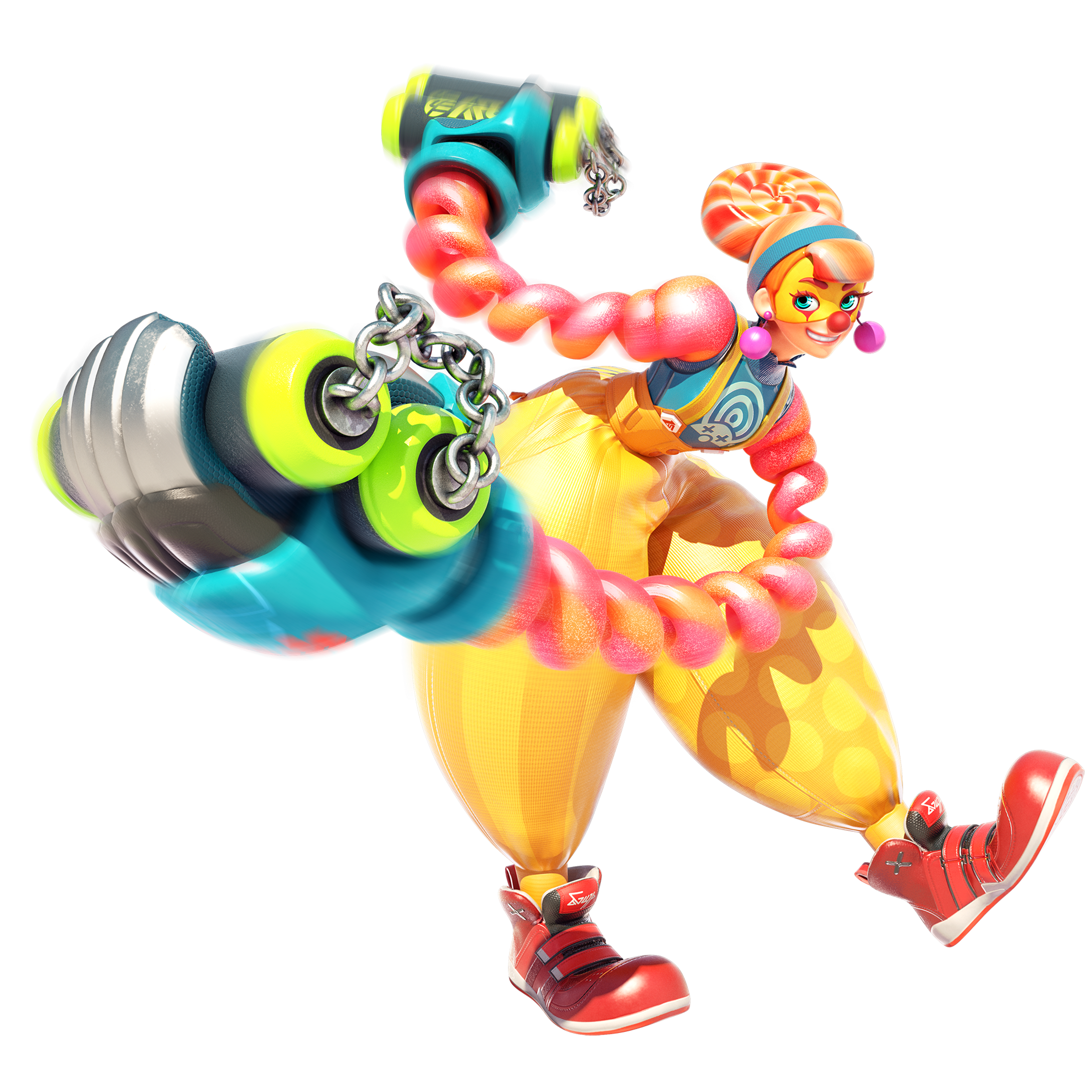A colorful, candy-themed clown character named Lola Pop in a fighting stance, wielding ARMS-based weapons.
