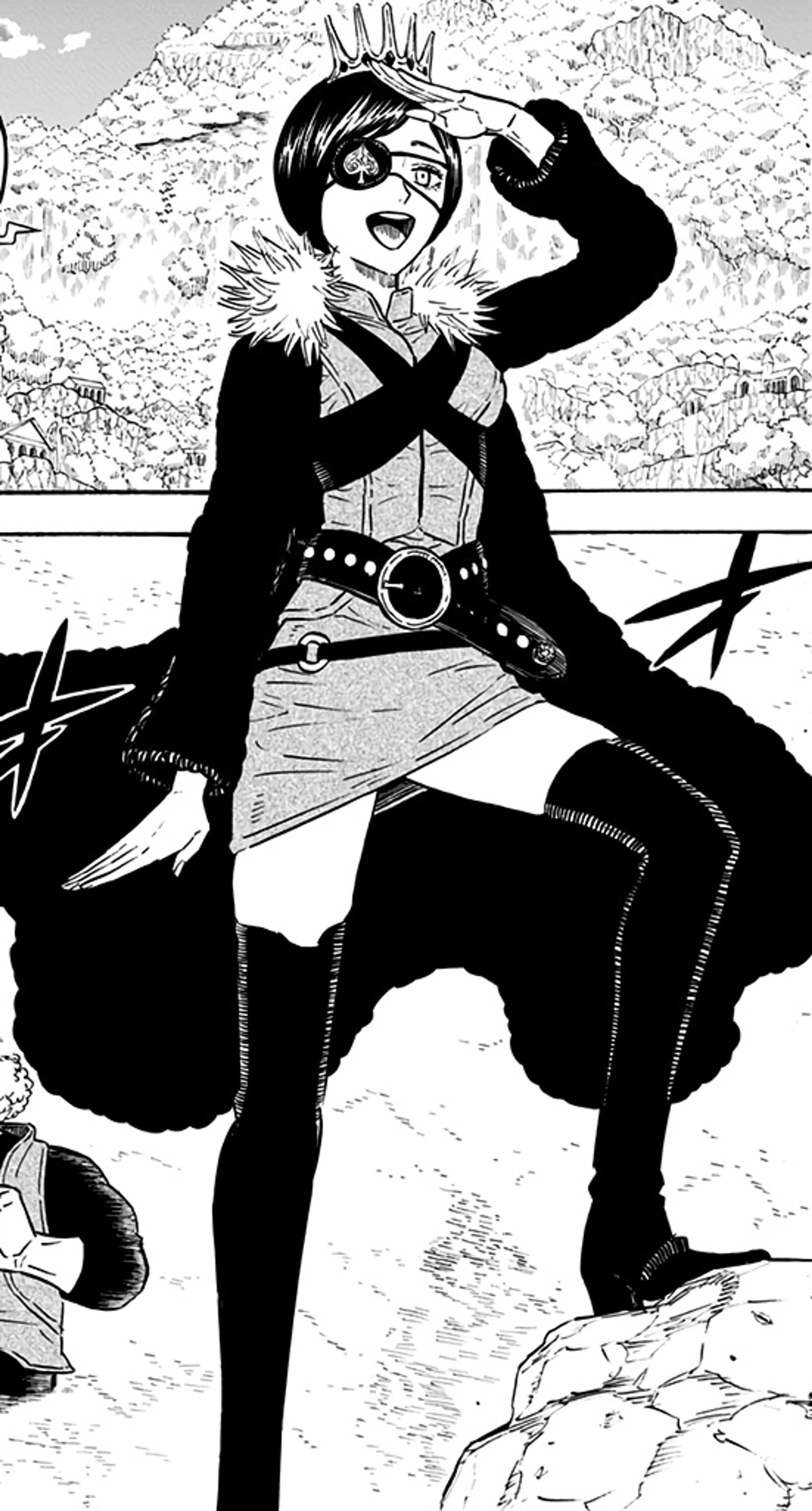 A woman with an eyepatch and confident, militant appearance