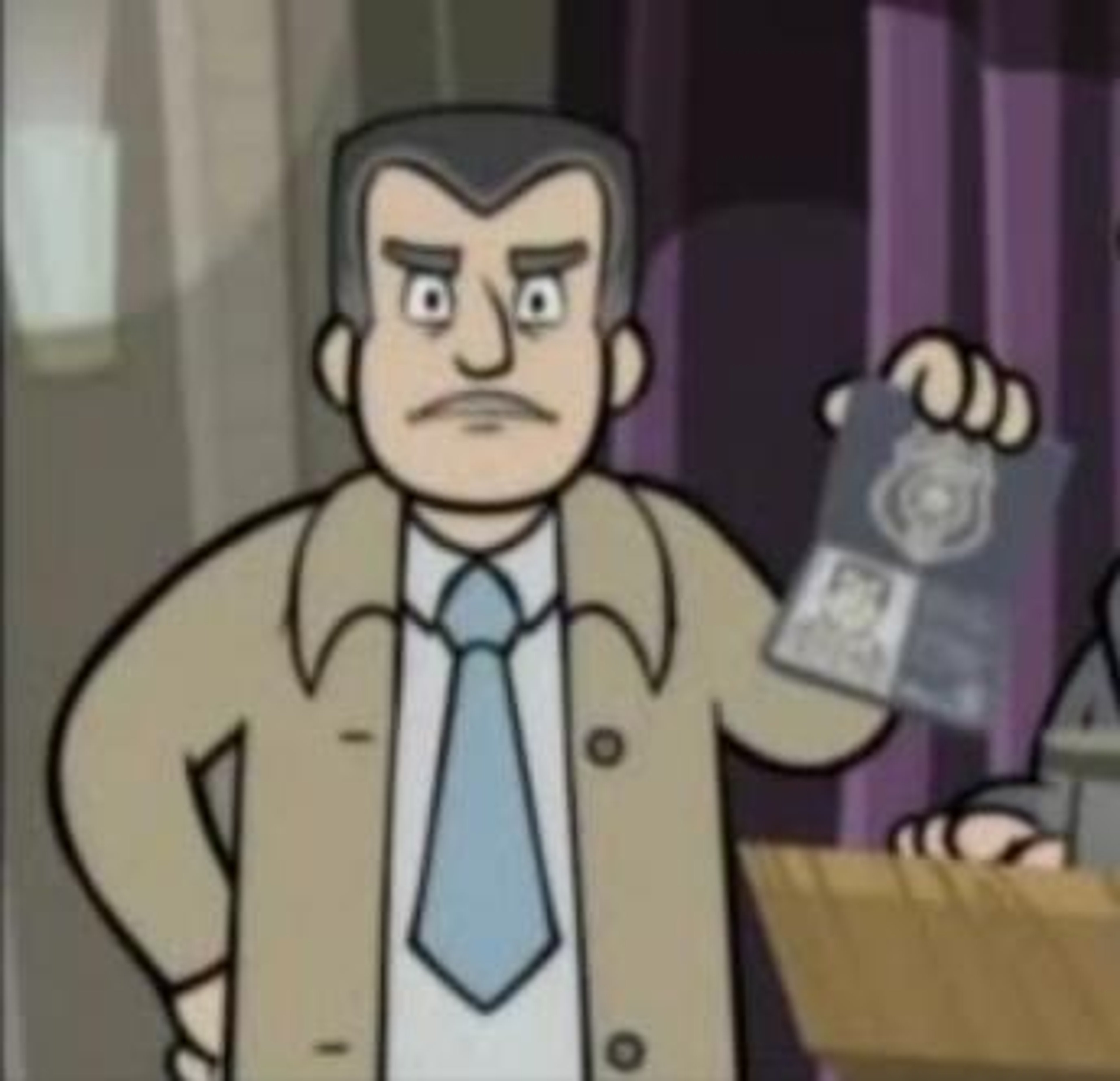 A middle-aged man in a blue police uniform with a mustache and messy hairstyle