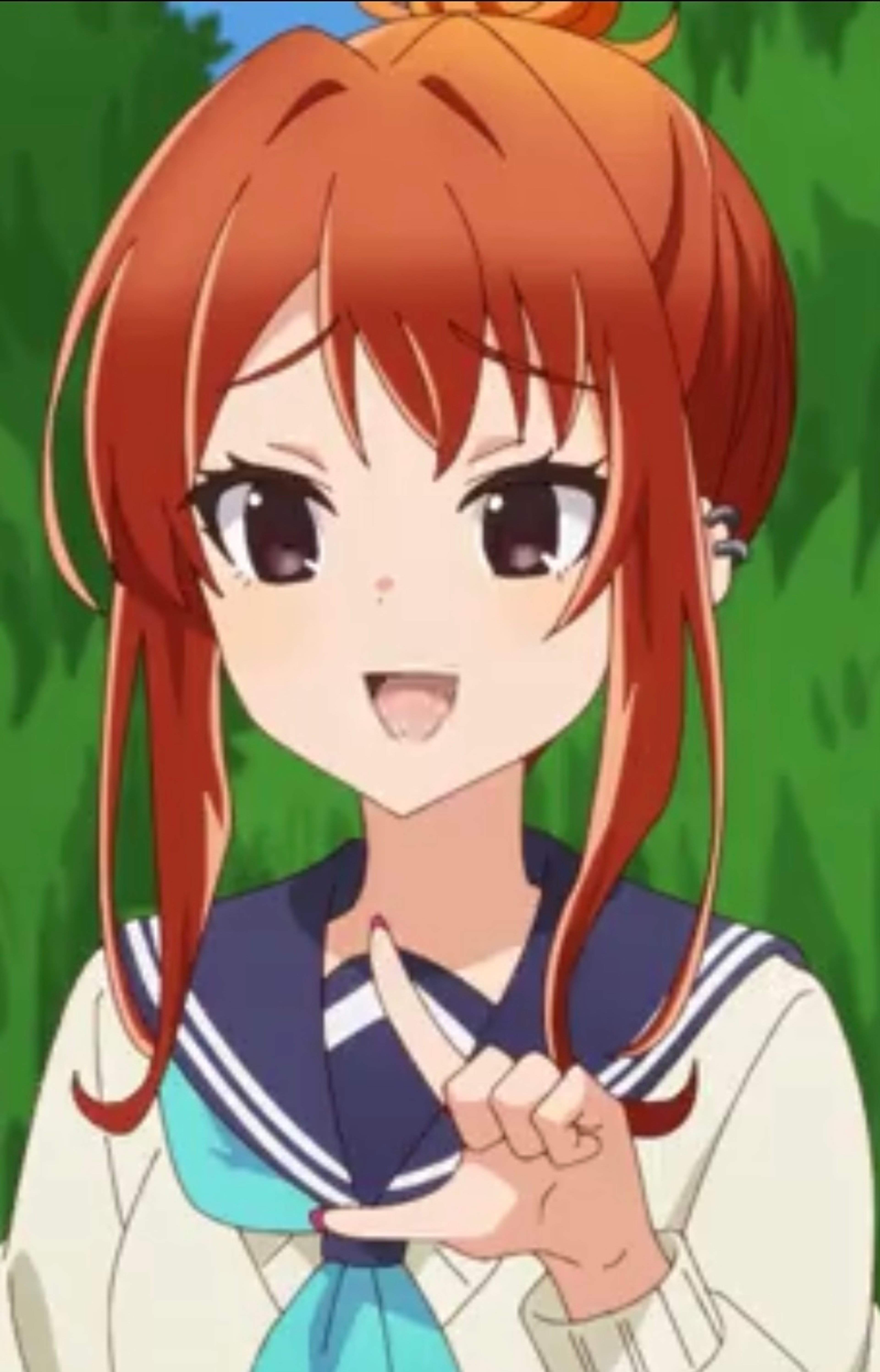 An anime-style character with orange hair in a high ponytail, wearing a school uniform and smiling cheerfully.