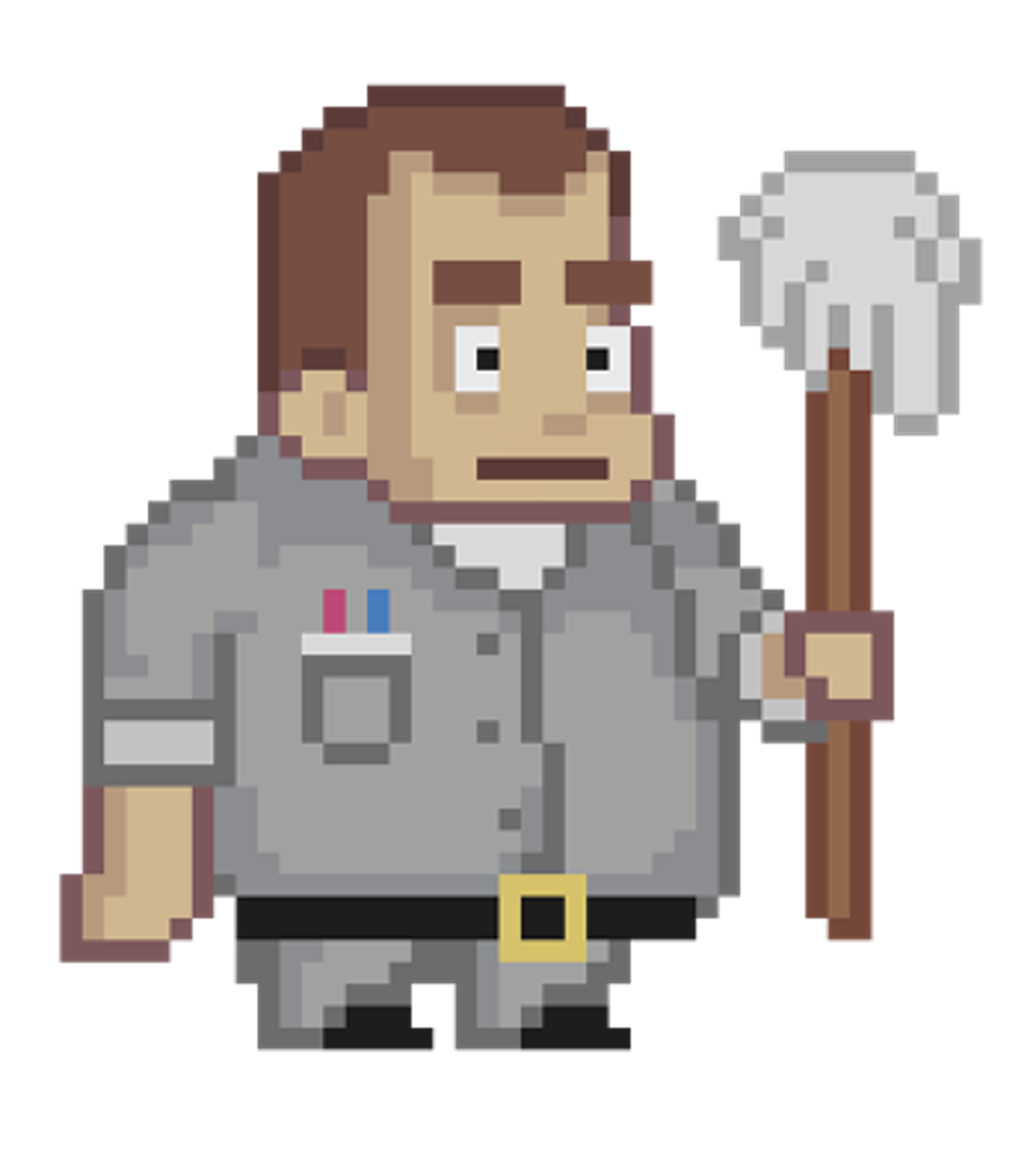 A friendly, overweight janitor character holding a mop