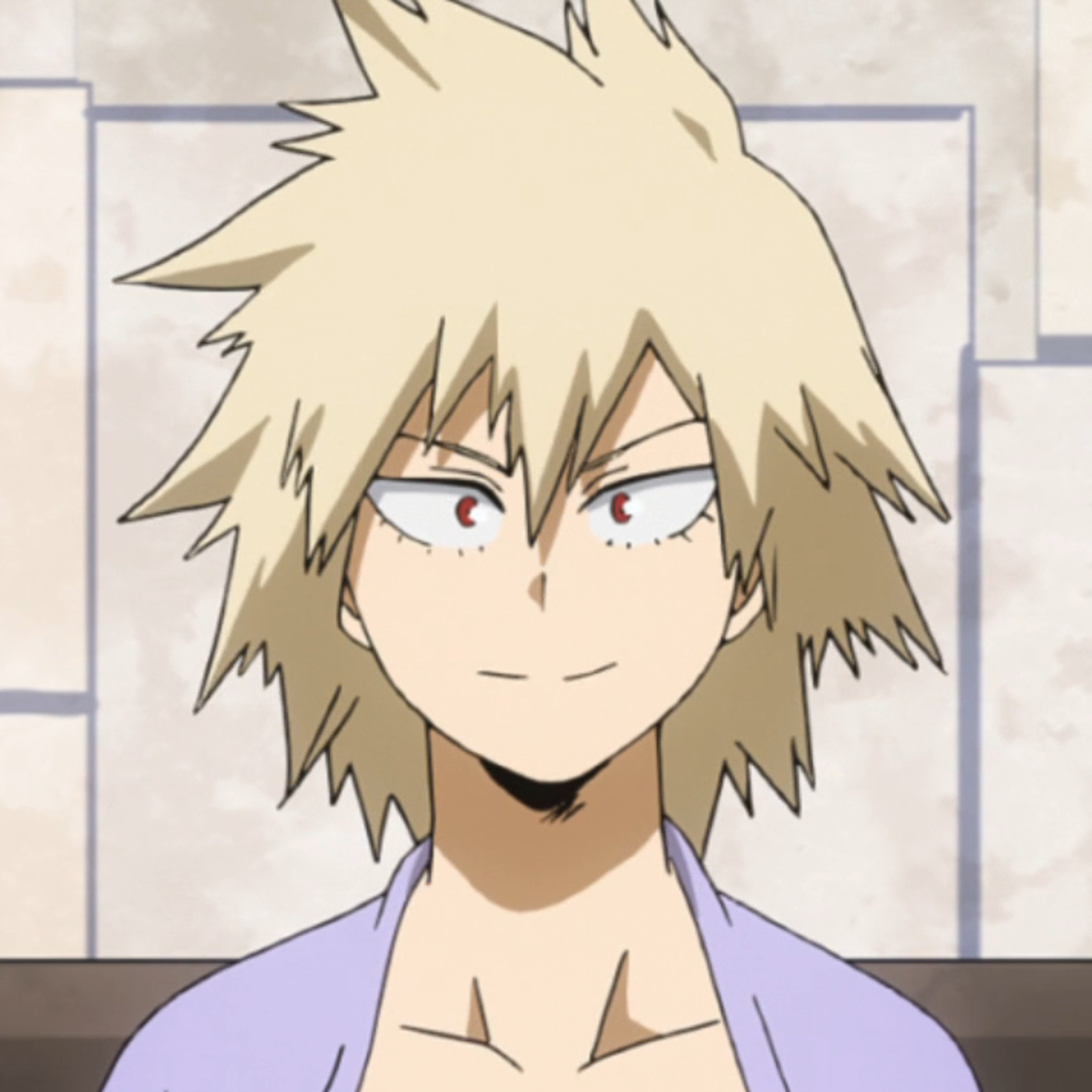 An anime-style character with spiky blonde hair and red eyes, wearing a purple shirt or jacket and having a stern expression.