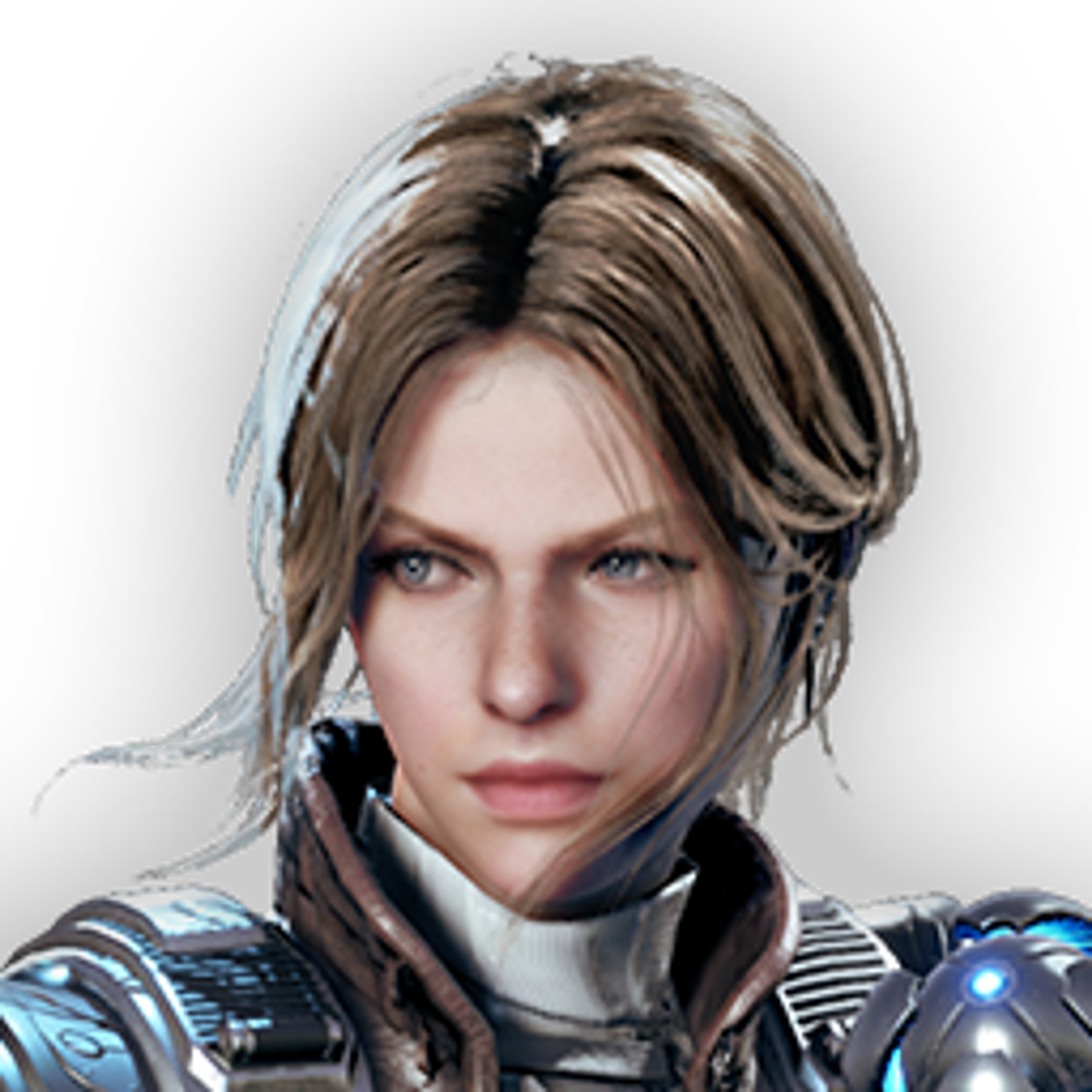 A young woman with brown hair and blue eyes wearing a futuristic, armored outfit