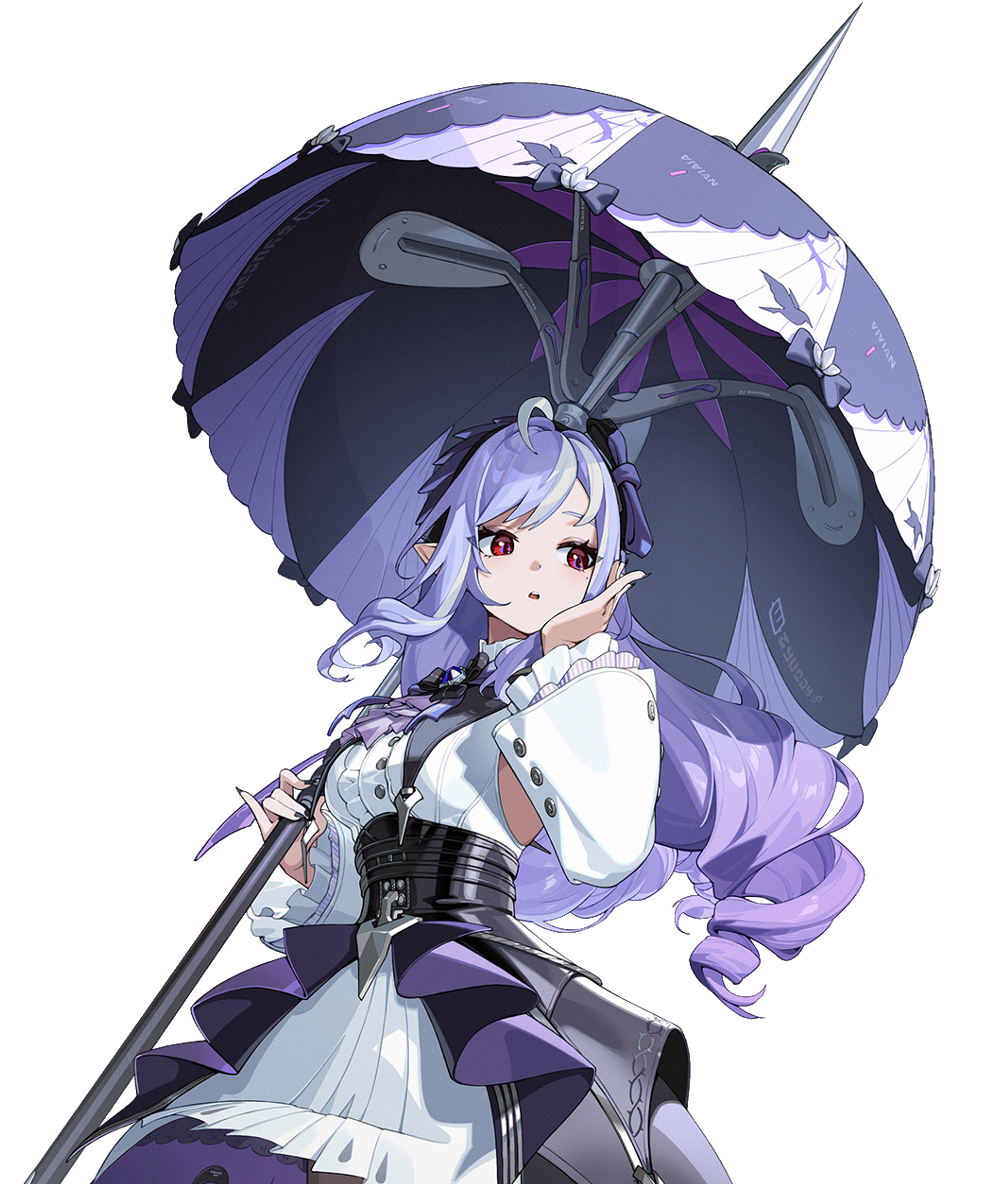 A young woman with light hair wearing a white dress and holding an umbrella in a dark, cloudy setting.