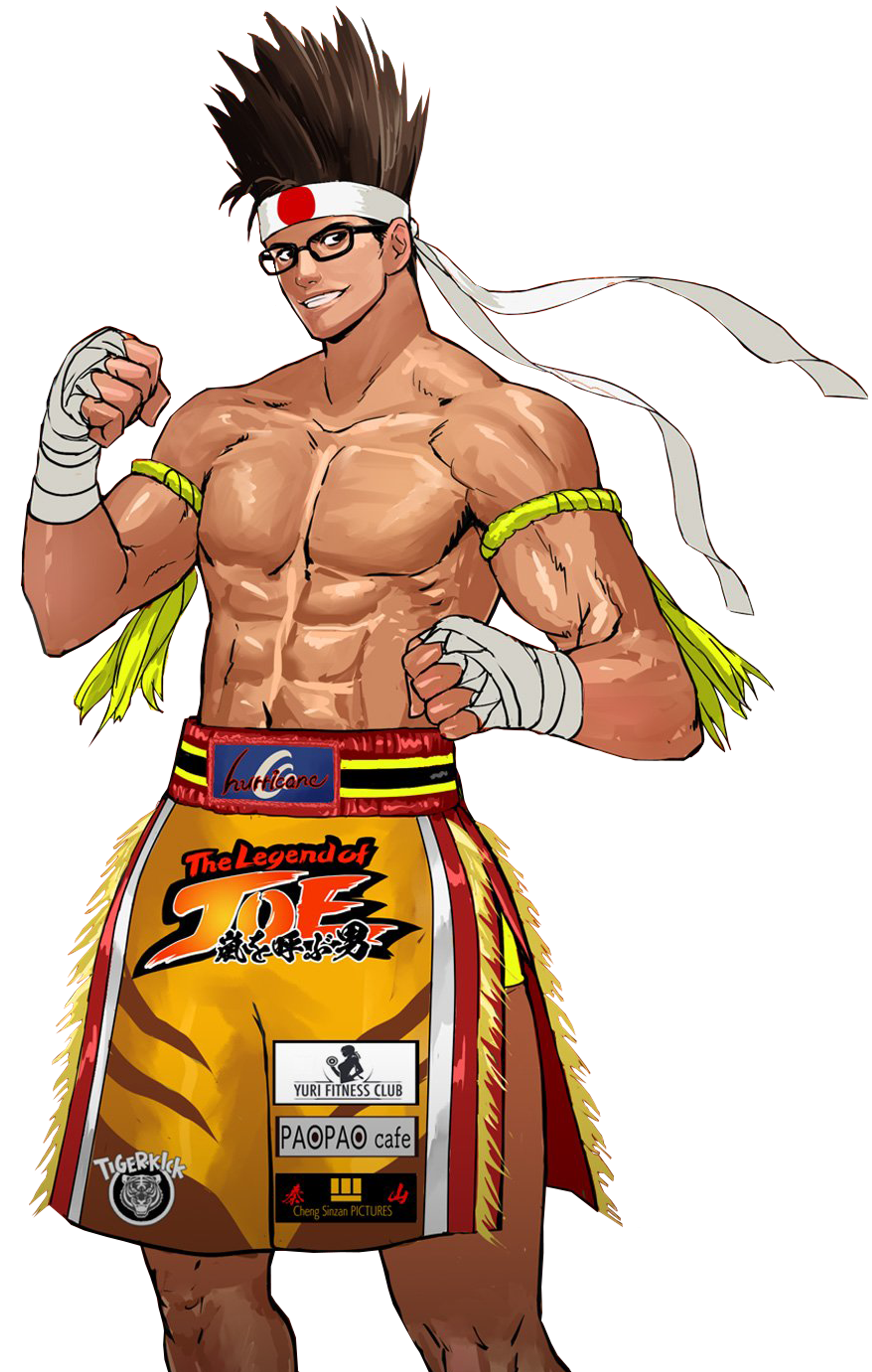 A muscular, shirtless male martial artist in a fighting stance