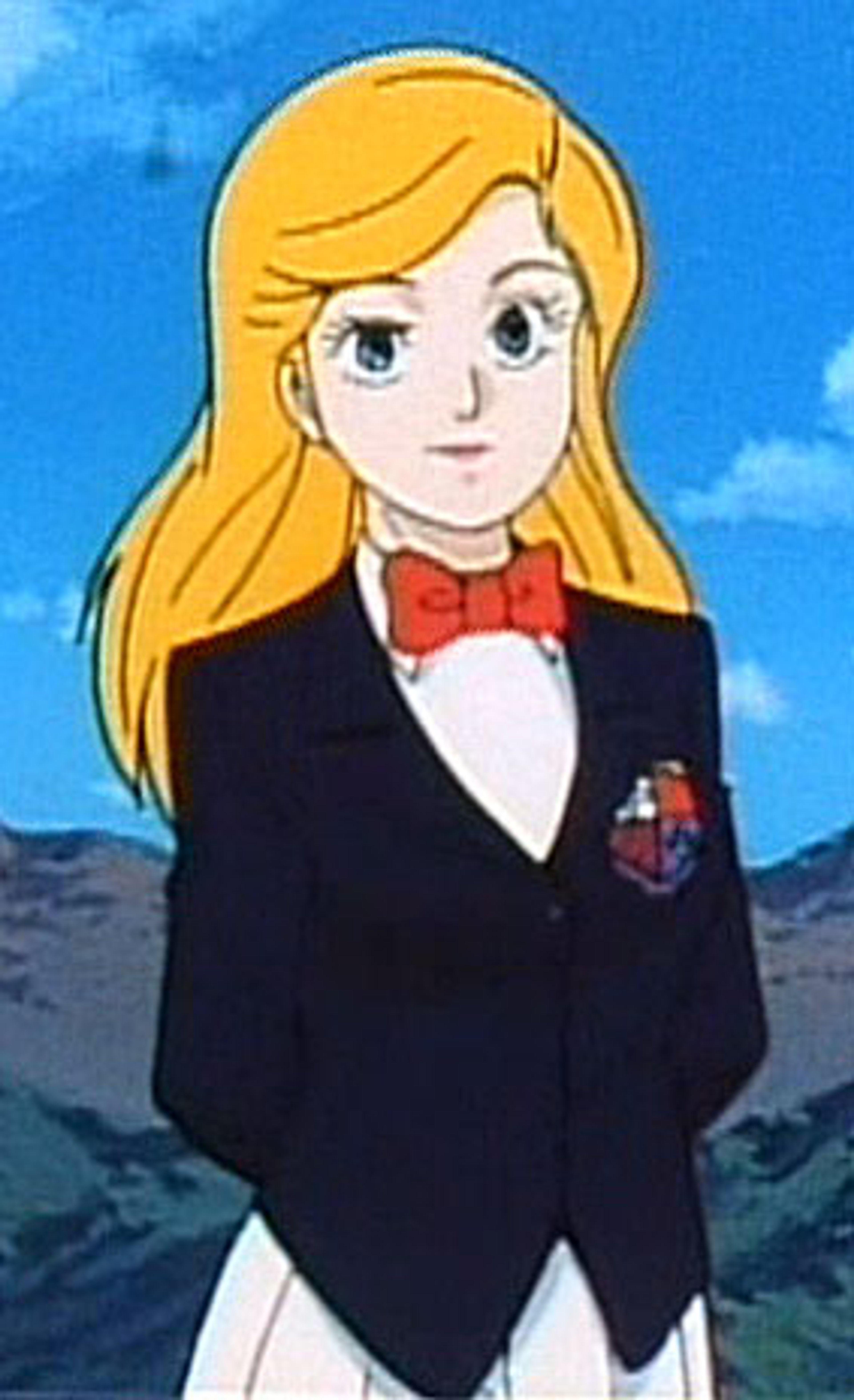 An anime-style character with blonde hair, blue eyes, and a red bow tie wearing a black suit jacket.